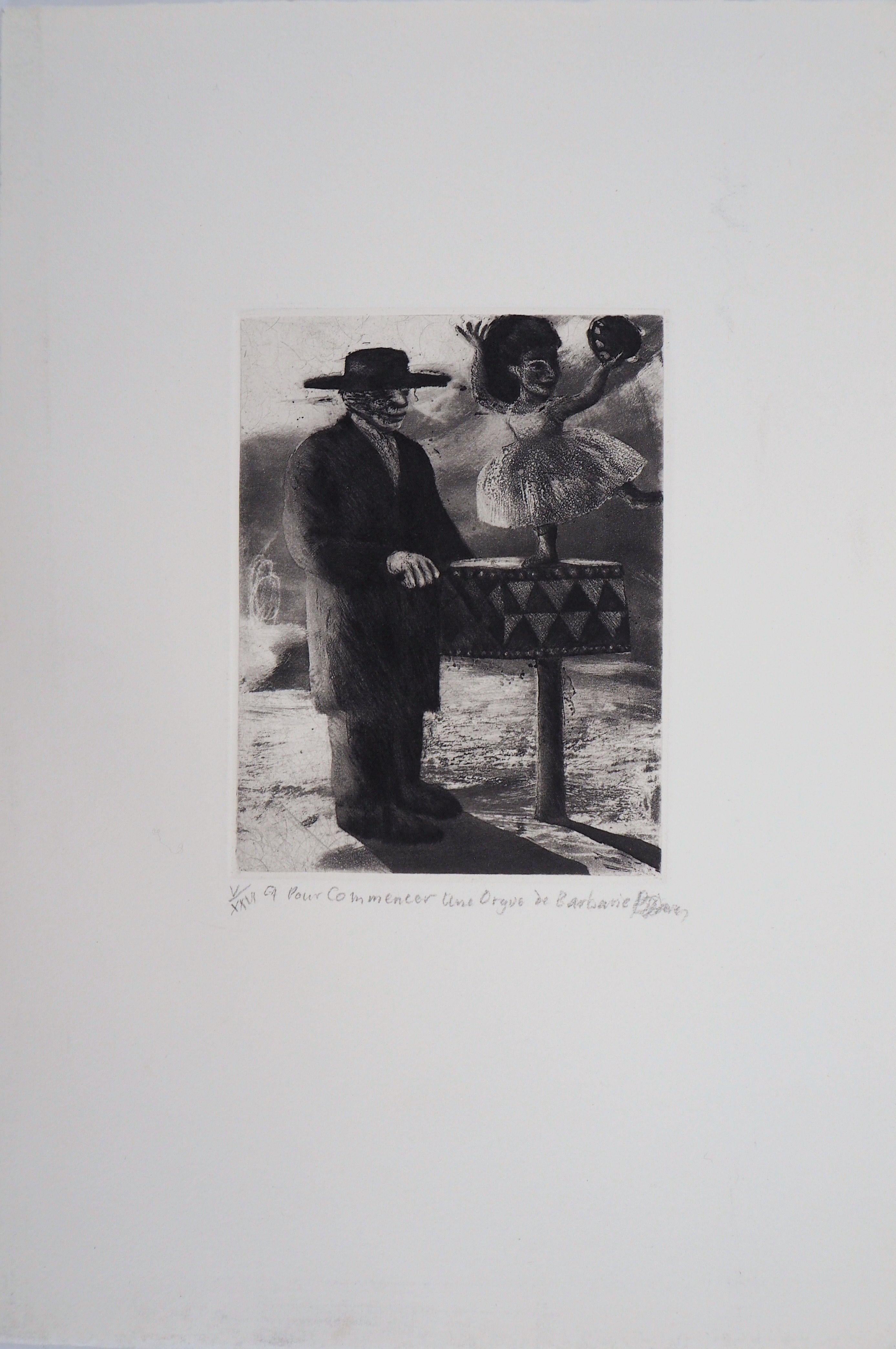 Richard Davies Figurative Print - Barrel Organ and Ballerina - Original Handsigned Etching - Ltd 25 copies