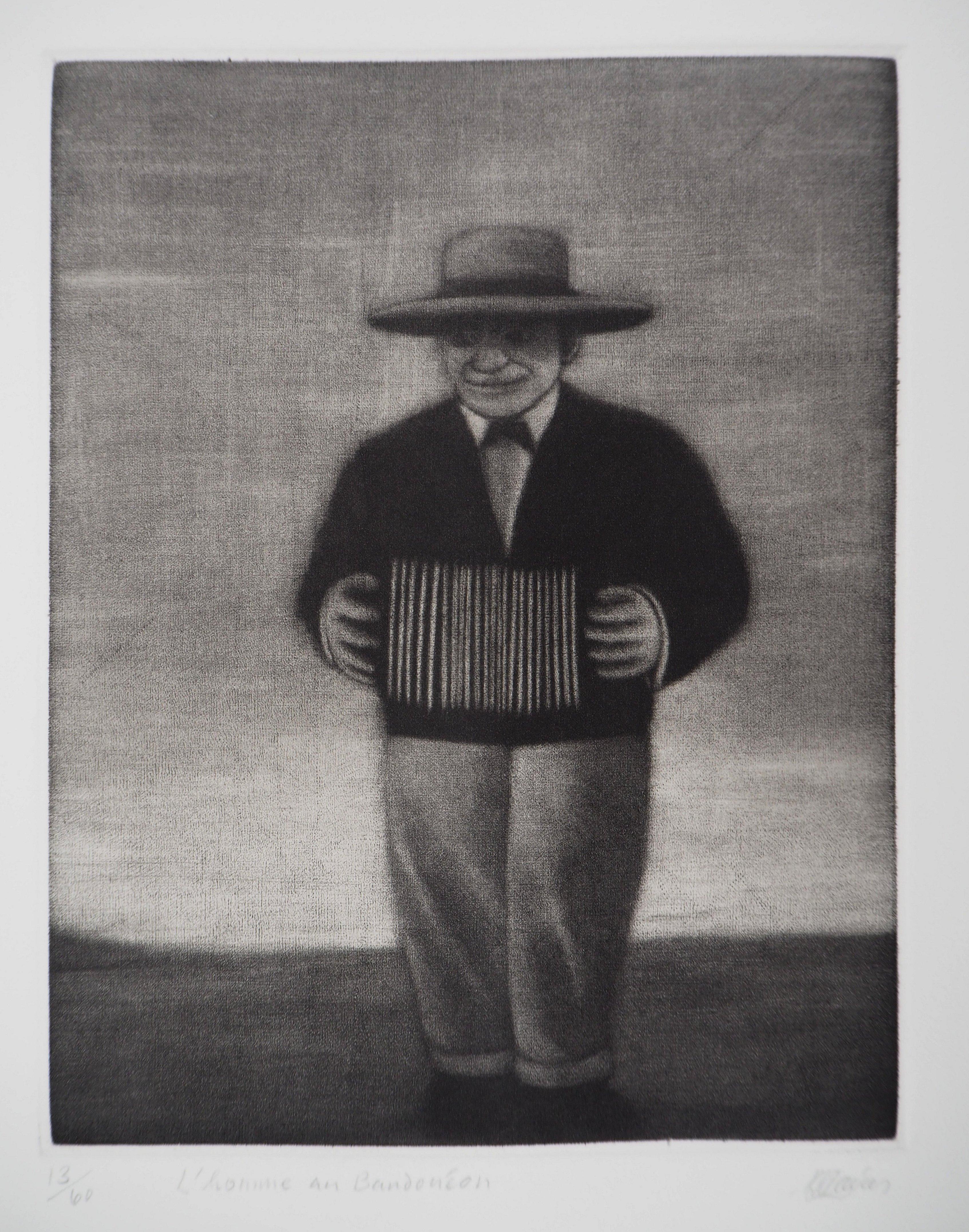 Man with Accordion - Original Handsigned Etching - Ltd 60 copies - Print by Richard Davies