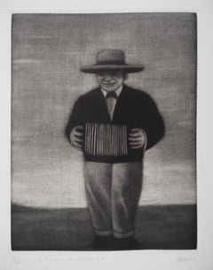 Hombre con acordeón - Grabado original firmado a mano - Ltd 60 ejemplares