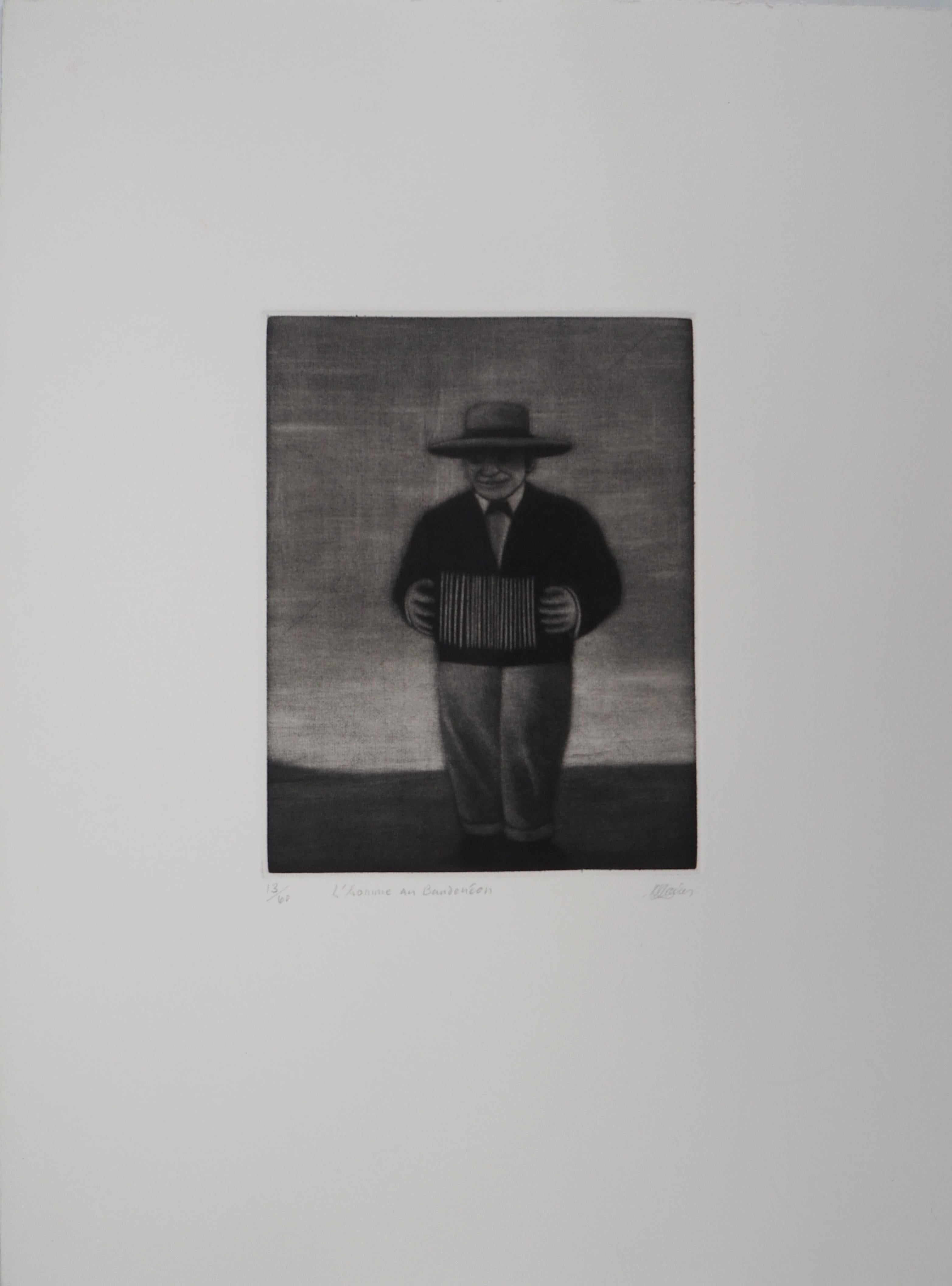 Richard Davies Figurative Print - Man with Accordion - Original Handsigned Etching - Ltd 60 copies