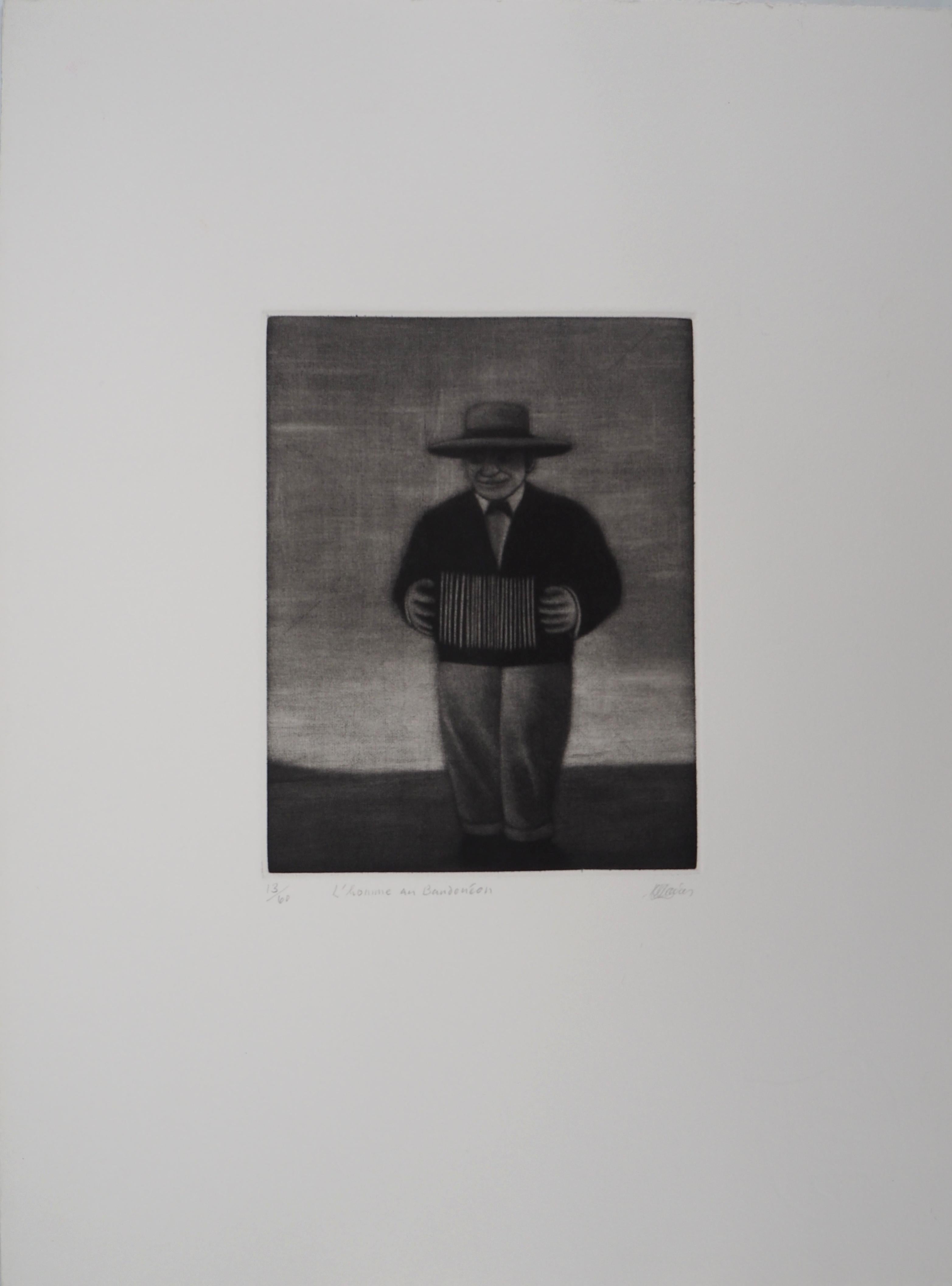 Hombre con acordeón - Grabado original firmado a mano - Ltd 60 ejemplares