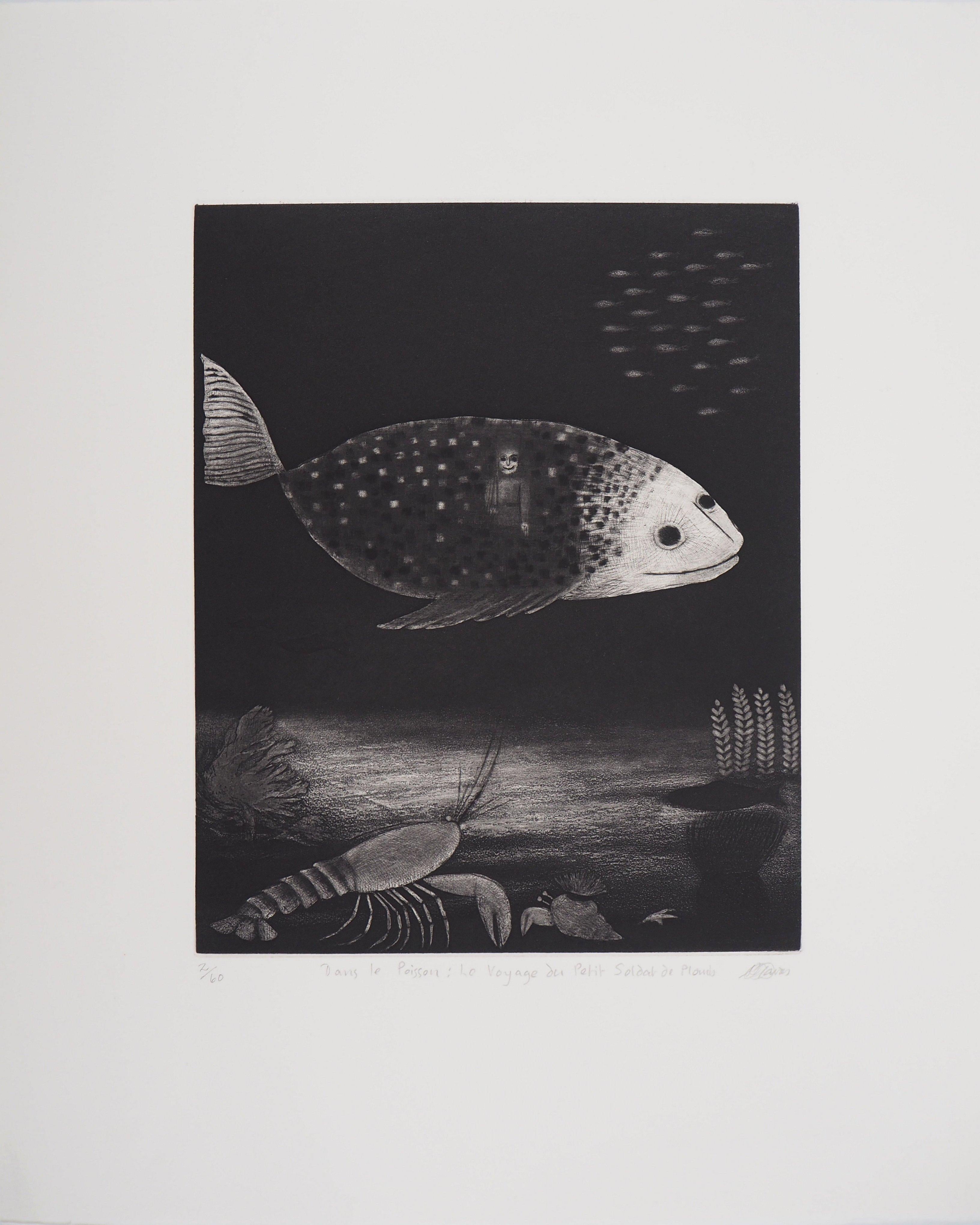 Small Soldier Travelling in a Fish - Original Handsigned Etching - Ltd 60 copies