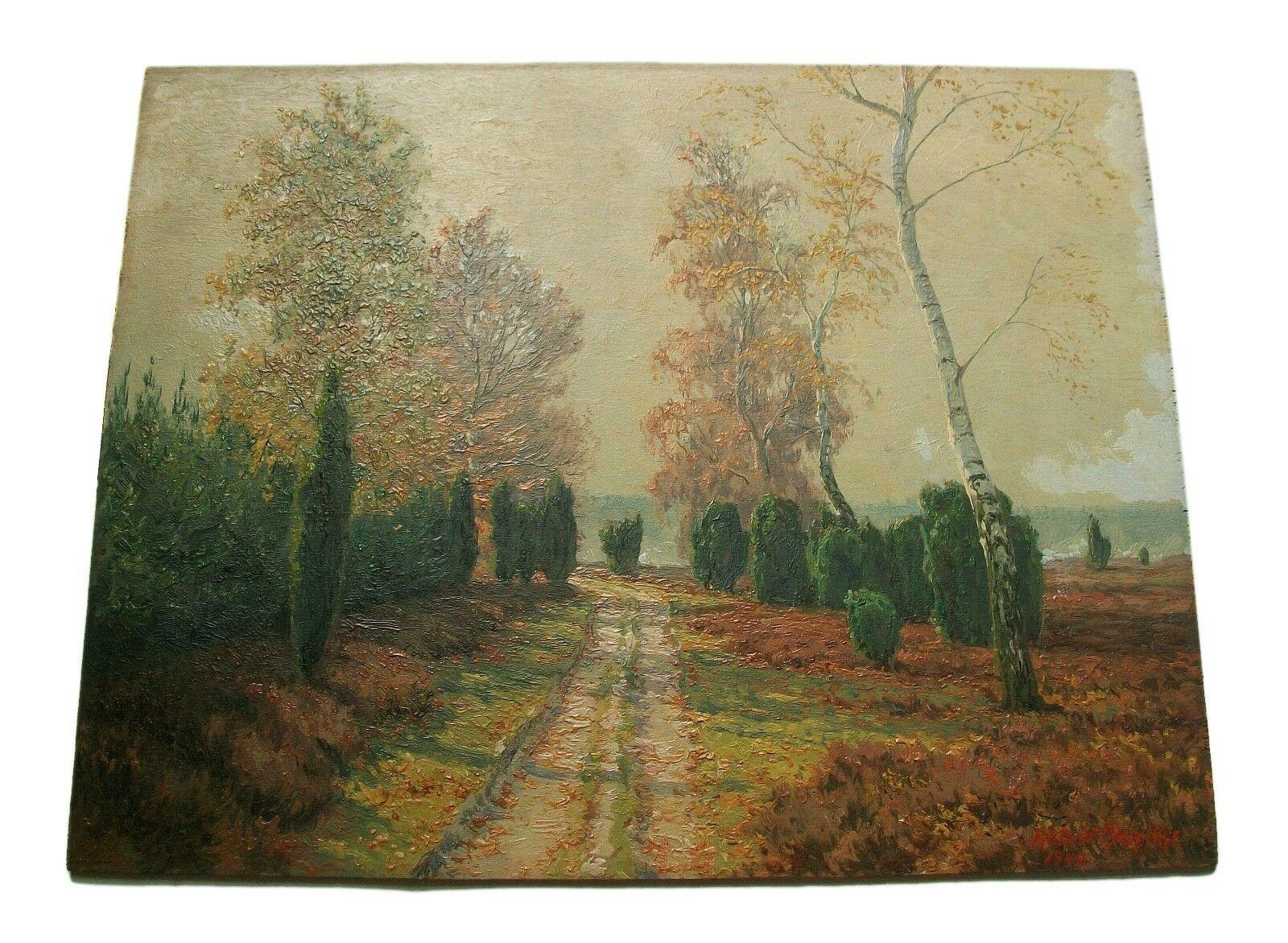 Allemand Peinture à l'huile sur panneau « Autumn Morning » de Richard De Bruycker, Allemagne, 1948 en vente