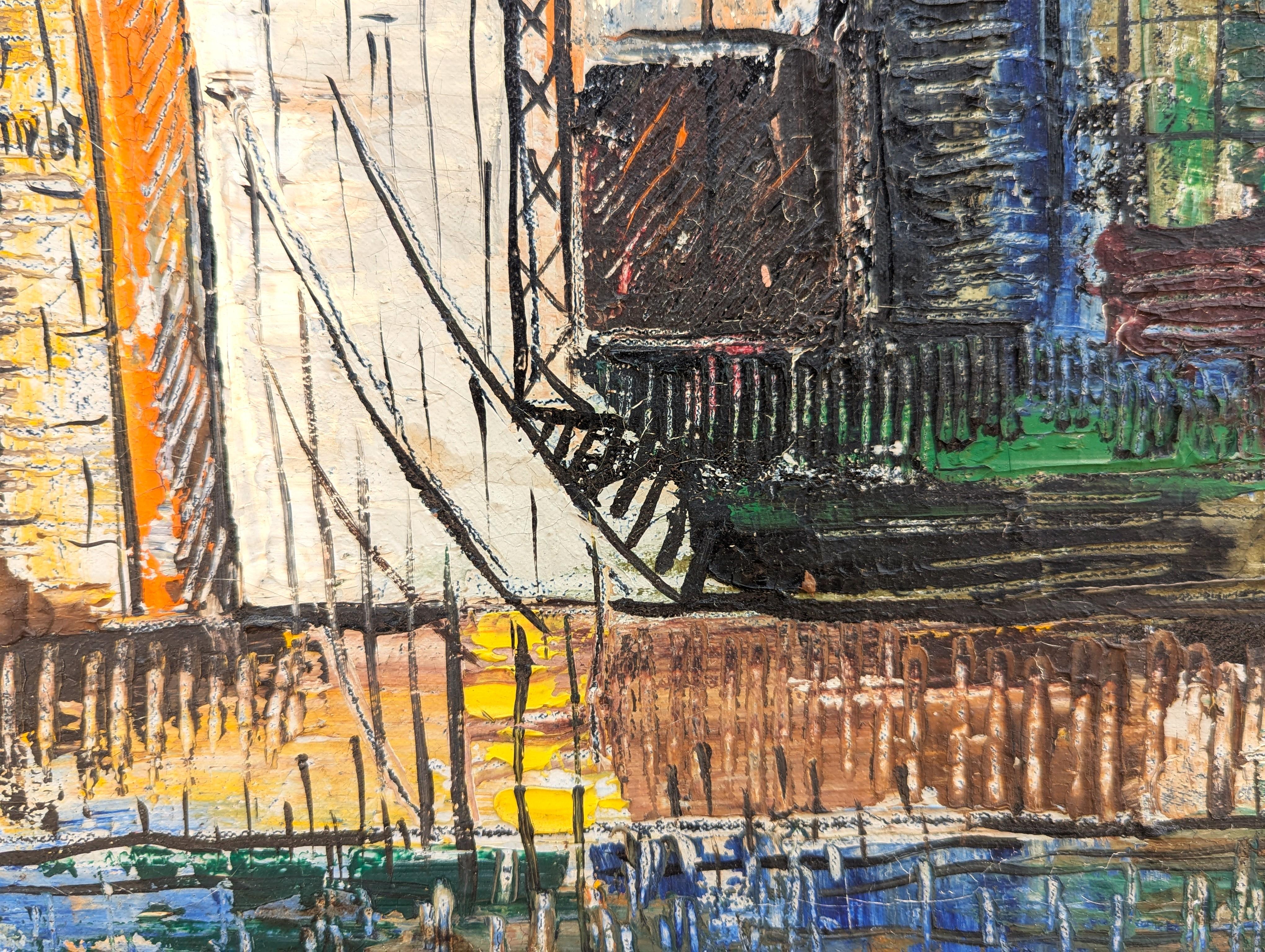 Abstrakte Stadtlandschaft in Orange-, Blau- und Gelbtönen der frühen Moderne im Angebot 7