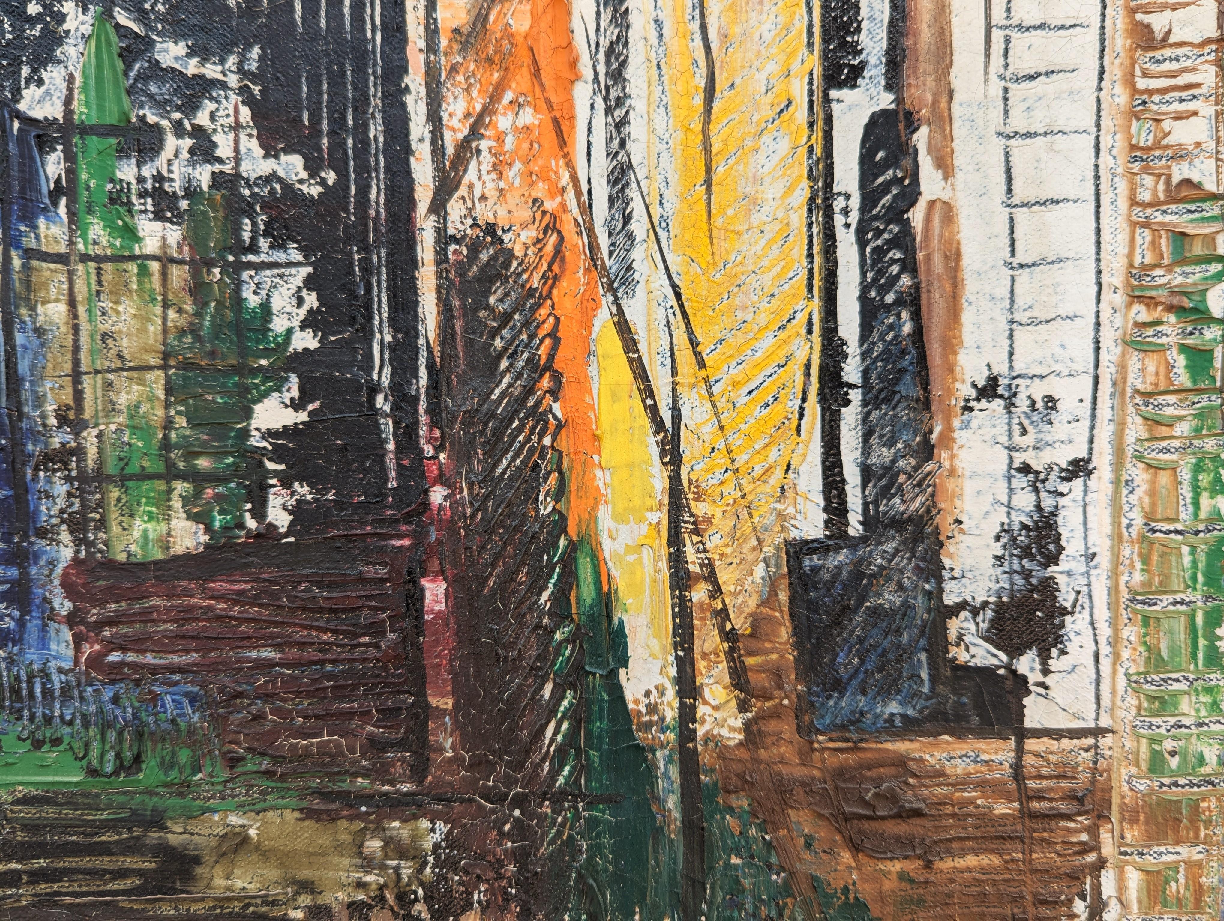 Abstrakte Stadtlandschaft in Orange-, Blau- und Gelbtönen der frühen Moderne im Angebot 8