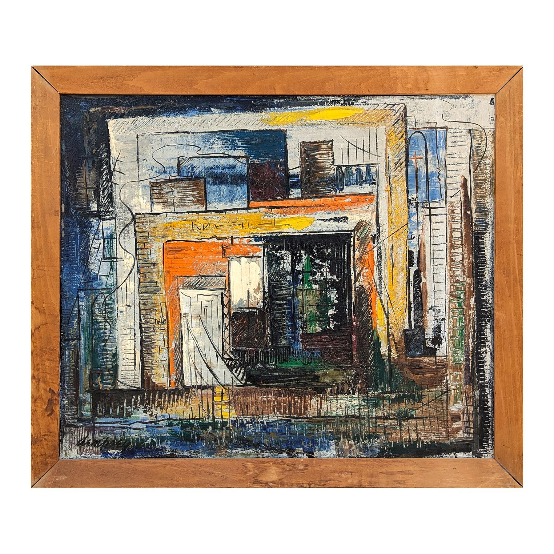 Abstrakte Stadtlandschaft in Orange-, Blau- und Gelbtönen der frühen Moderne – Painting von Richard Dempsey