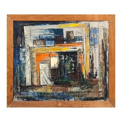 Early Modern Orange, Blue, and Yellow Toned Abstract City Landscape Painting