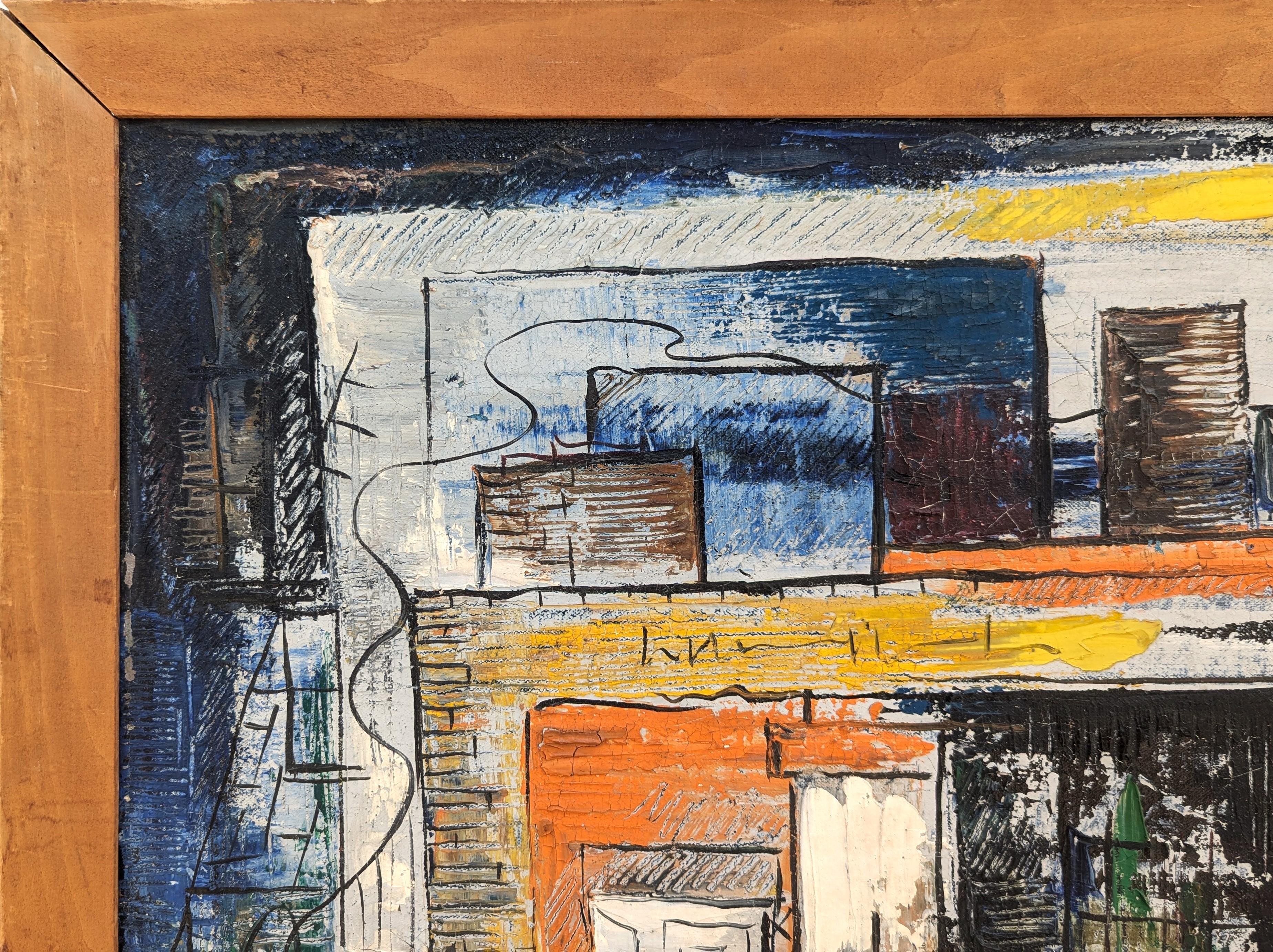 Frühmoderne farbige abstrakte Stadtlandschaft des amerikanischen Künstlers Richard W. Dempsey. Das Werk zeigt eine stark abstrahierte Straßenszene einer Gebäudefront mit einer weißen Tür und einer Treppe.  Signiert in der linken unteren Ecke der