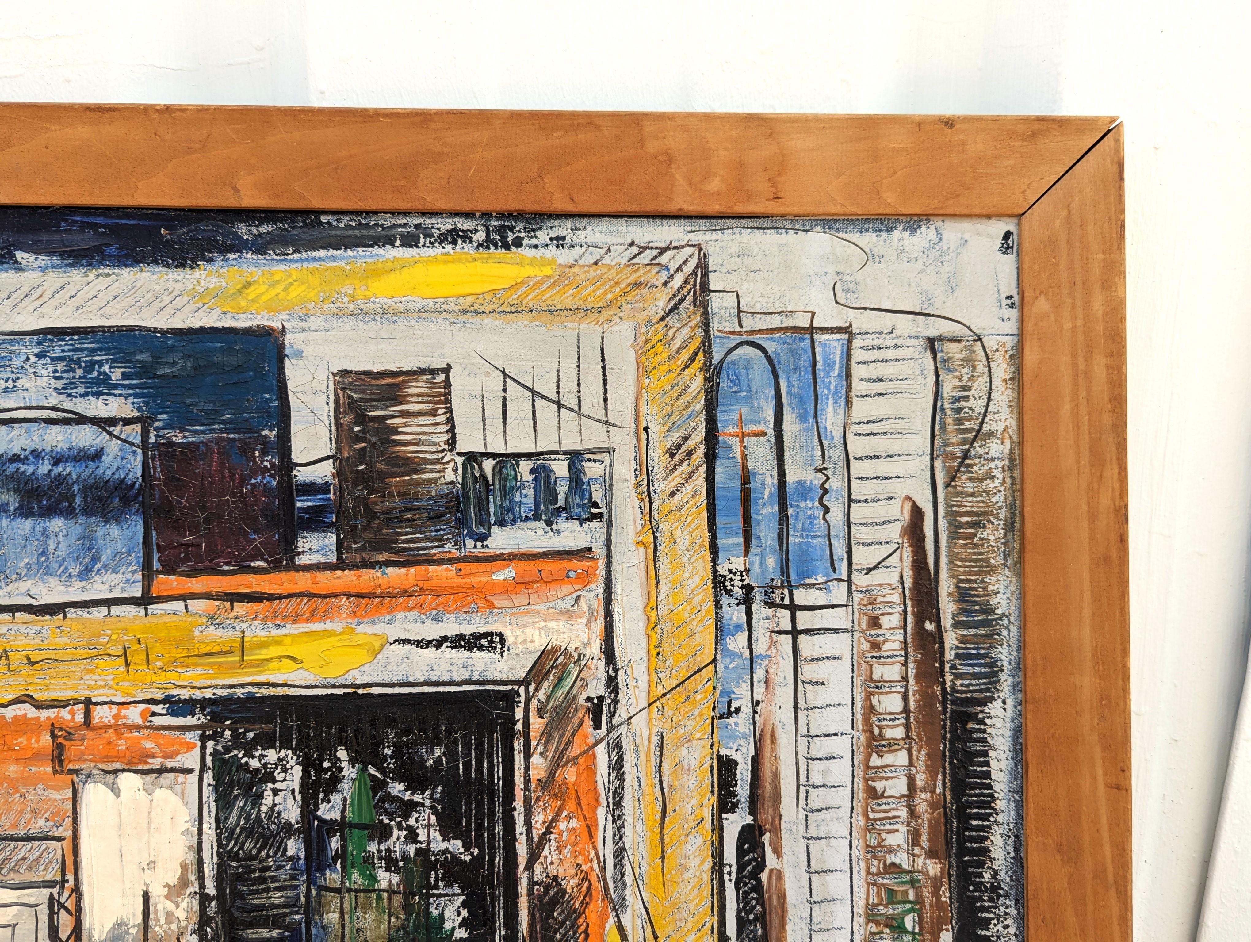 Abstrakte Stadtlandschaft in Orange-, Blau- und Gelbtönen der frühen Moderne im Angebot 1