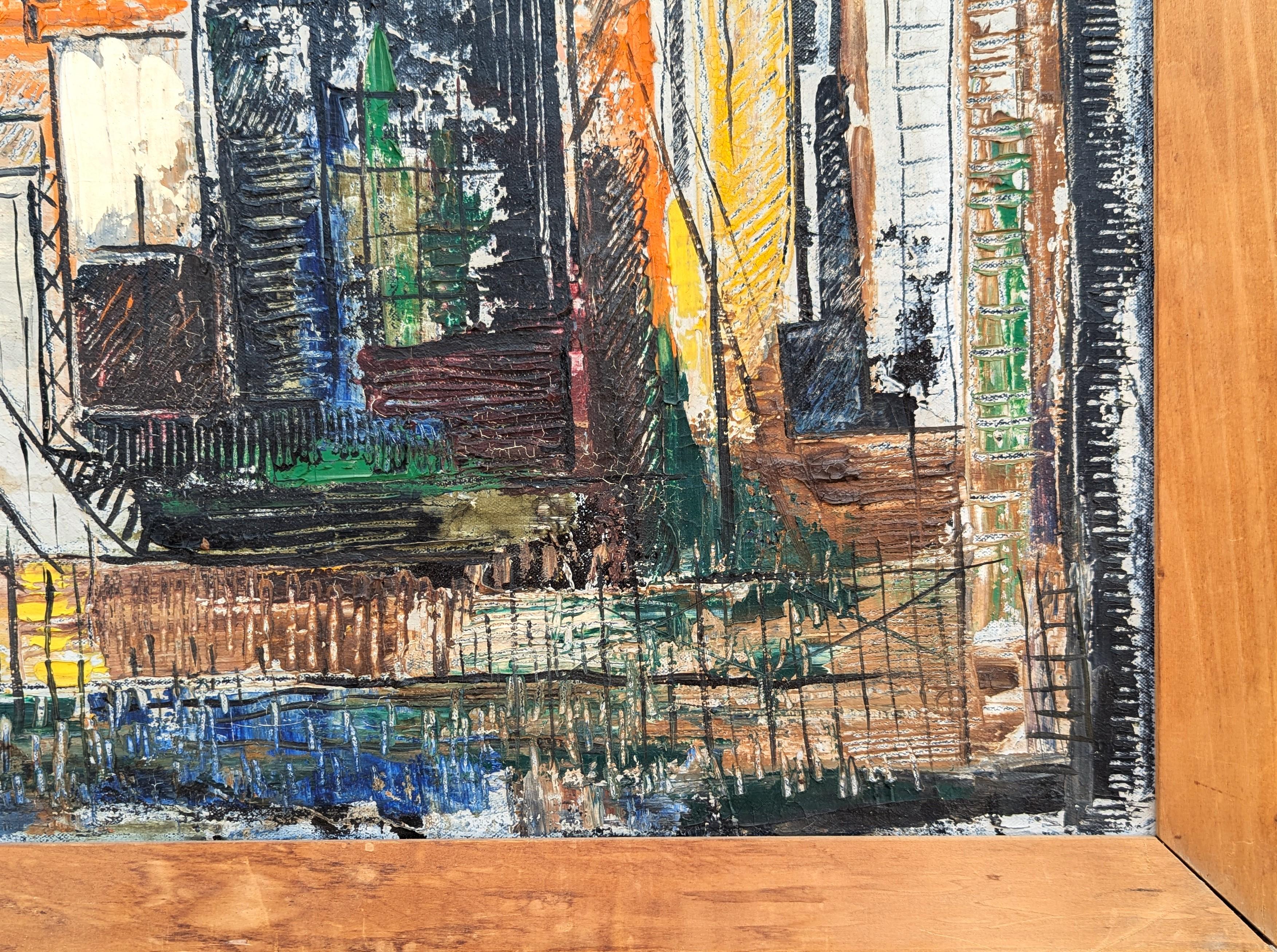 Abstrakte Stadtlandschaft in Orange-, Blau- und Gelbtönen der frühen Moderne im Angebot 2