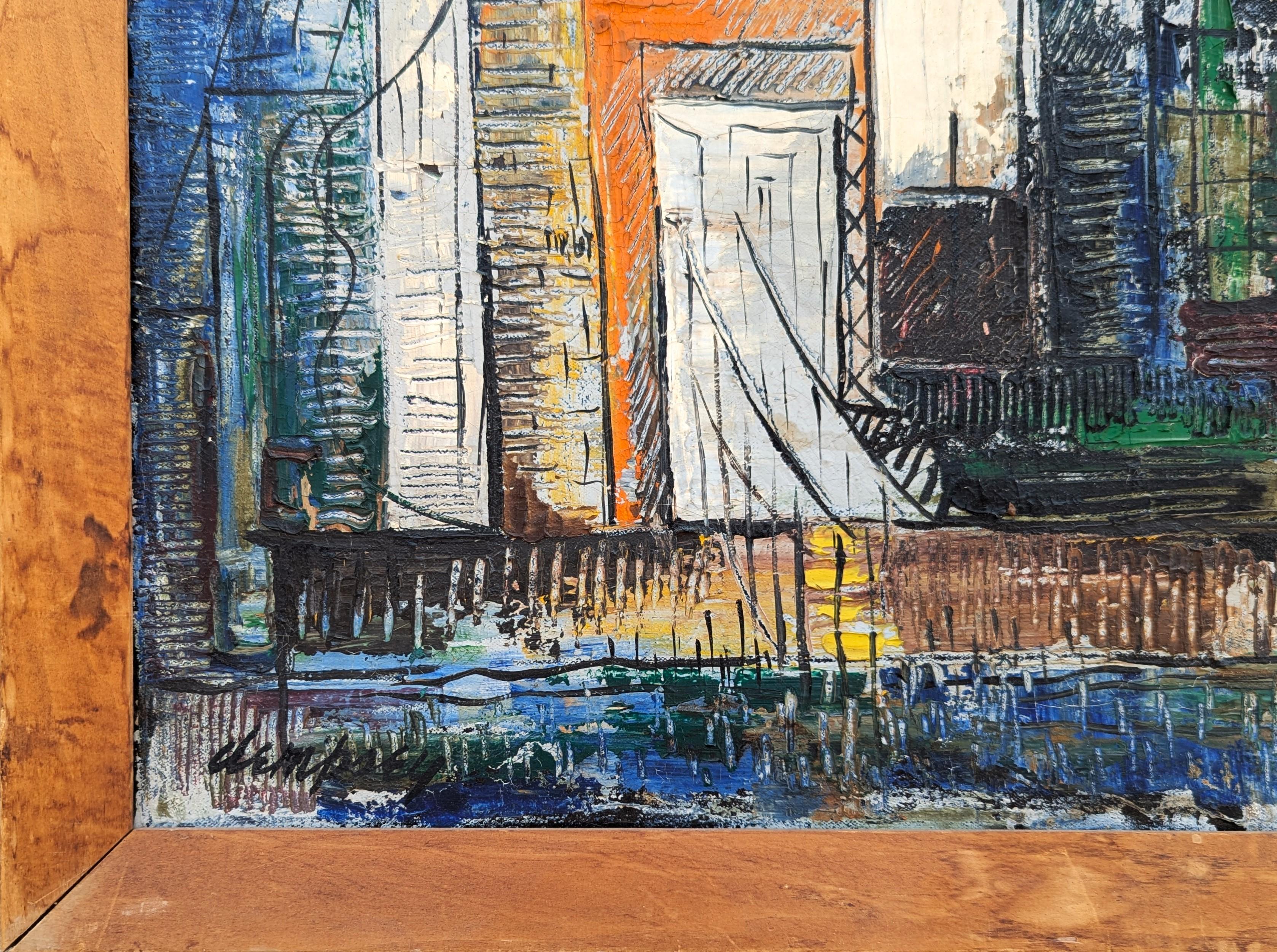 Abstrakte Stadtlandschaft in Orange-, Blau- und Gelbtönen der frühen Moderne im Angebot 3