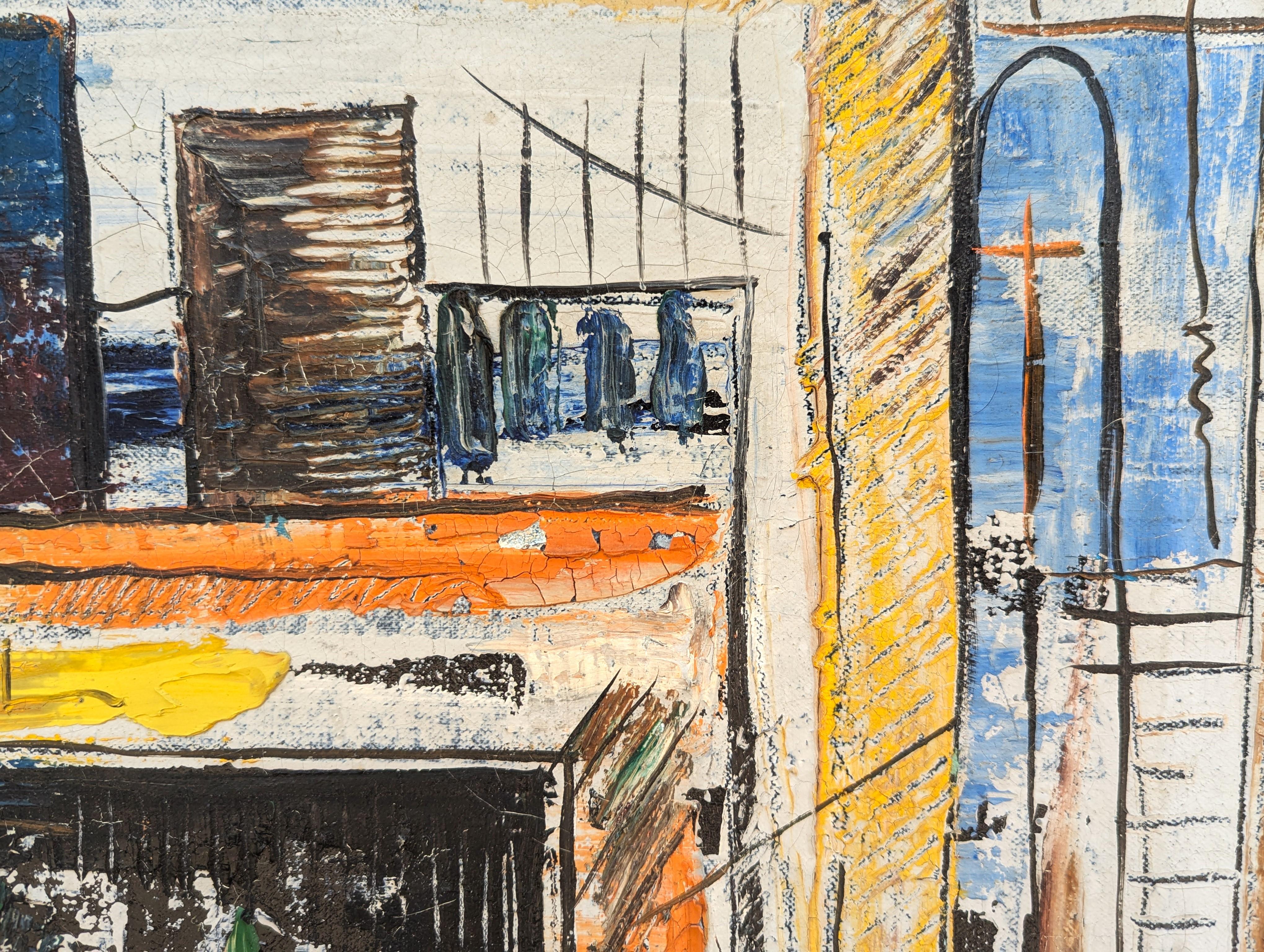 Abstrakte Stadtlandschaft in Orange-, Blau- und Gelbtönen der frühen Moderne im Angebot 5