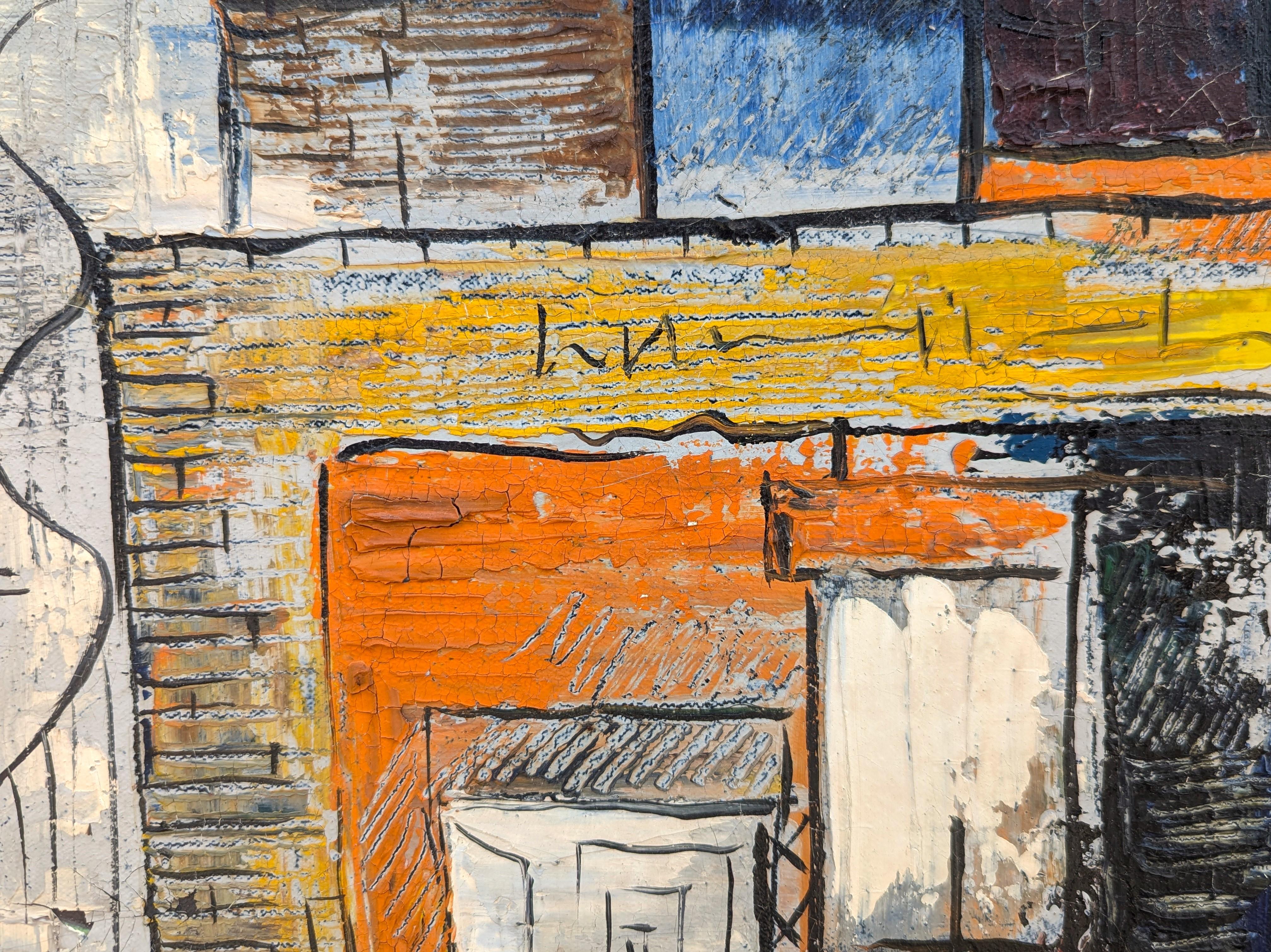 Abstrakte Stadtlandschaft in Orange-, Blau- und Gelbtönen der frühen Moderne im Angebot 6