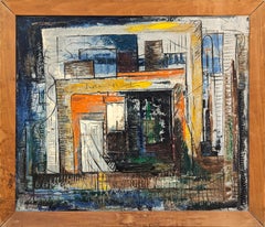 Early Modern Orange, Blue, and Yellow Toned Abstract City Landscape Painting