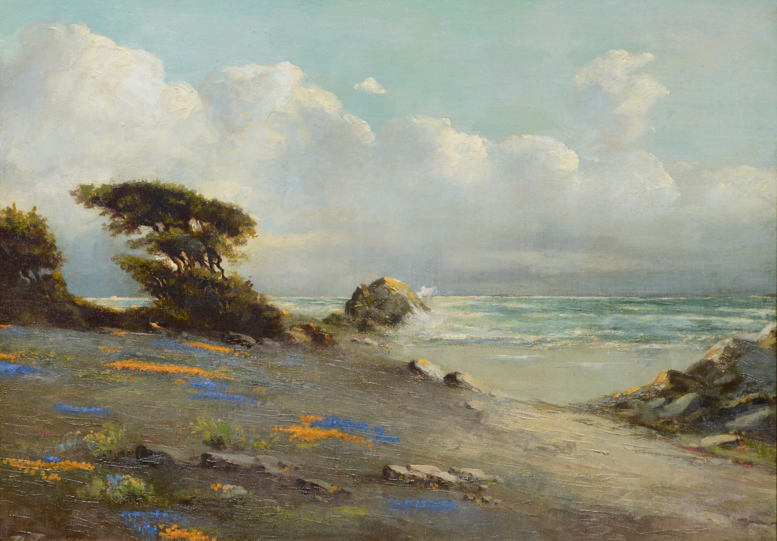 Carmel Seascape with Veteran Cypress, Lupines and Poppies - Painting by Richard DeTreville