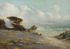 Paysage marin de Carmel avec cyprès vétérans, lupins et coquelicots