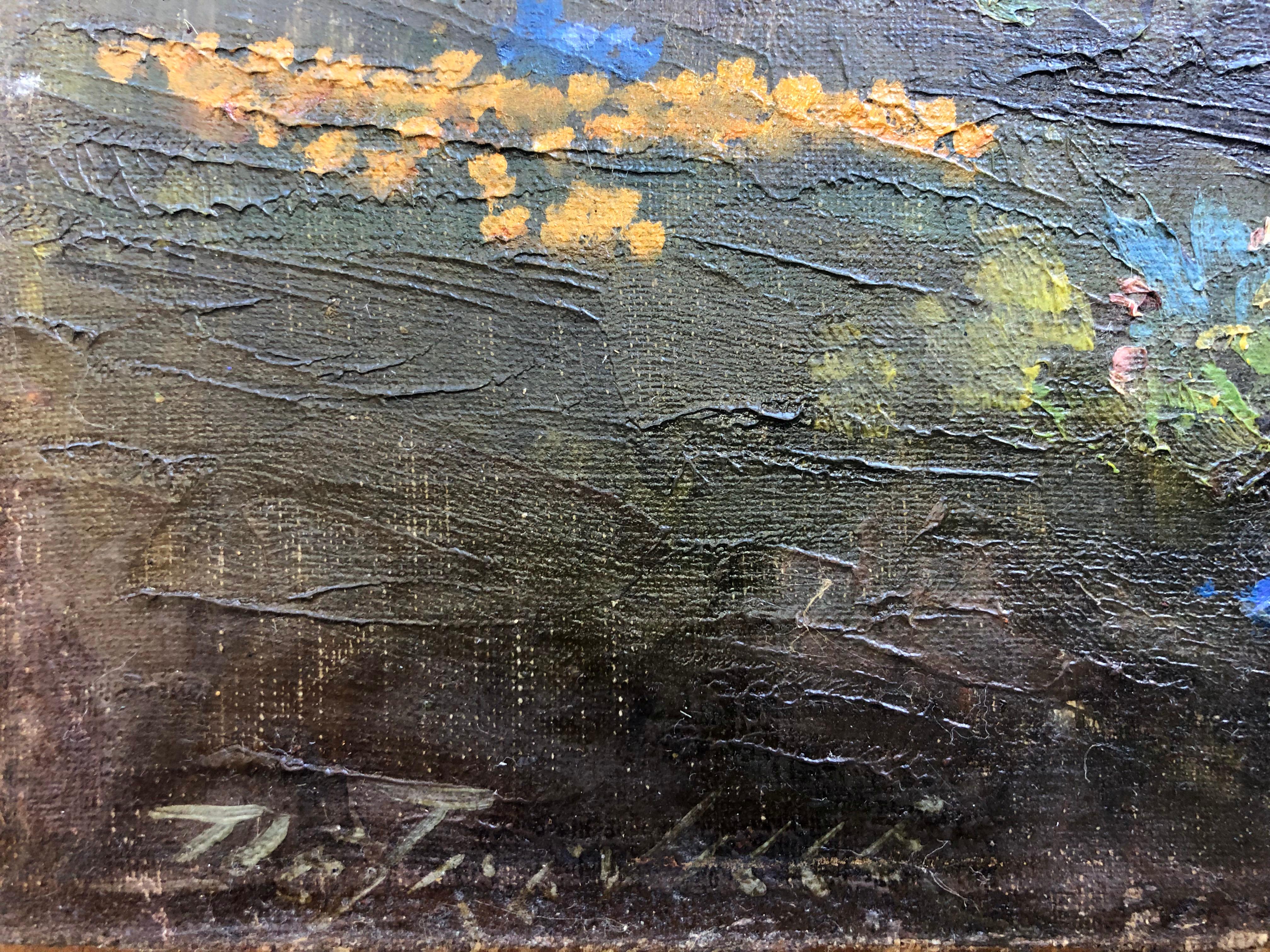 Carmel Seascape with Veteran Cypress, Lupines and Poppies - Brown Landscape Painting by Richard DeTreville
