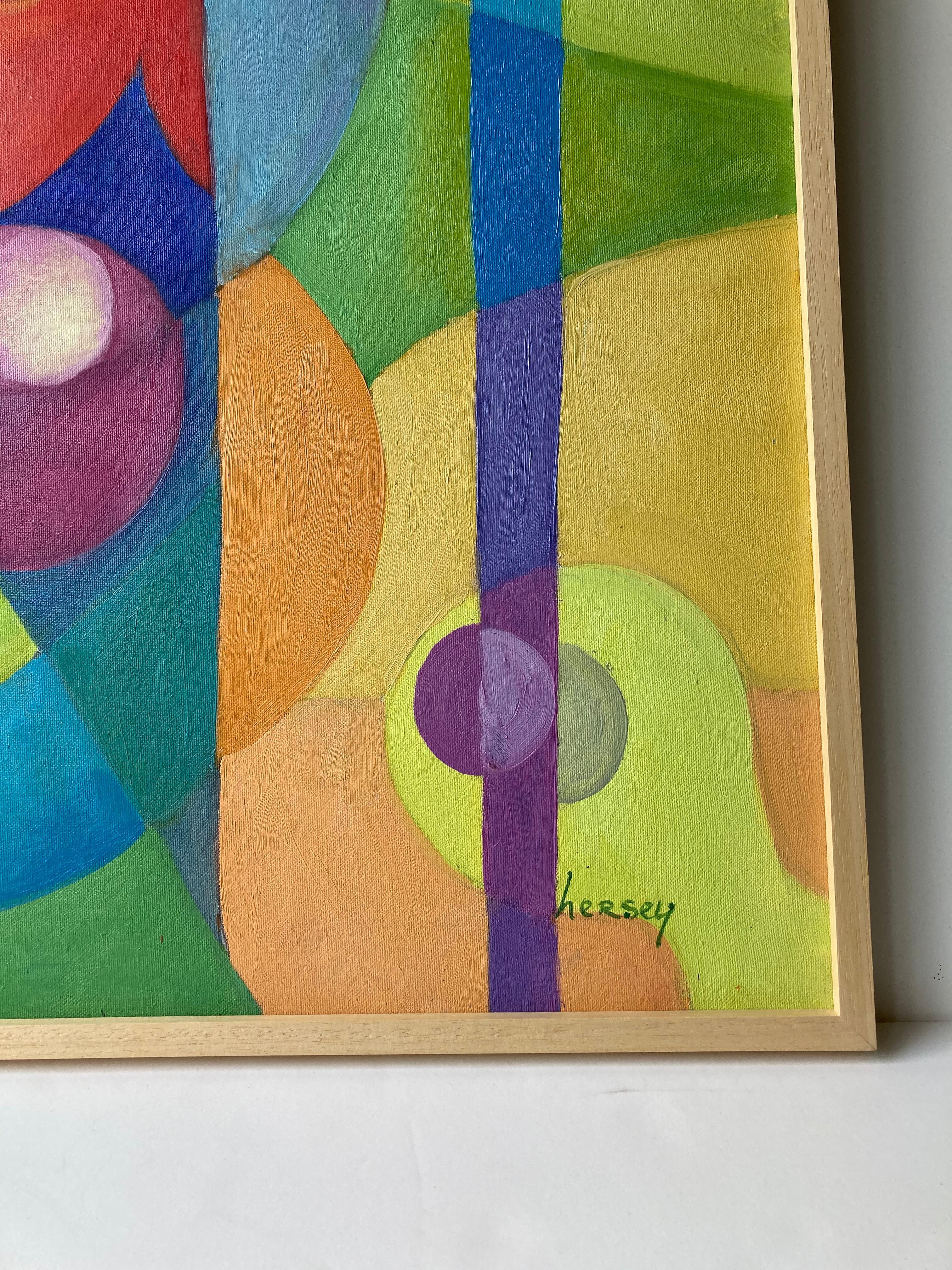 Nice and large Dick Hersey geometric oil painting, title Circus 1. Label in back. Framed. Signed LR. This painting was created somewhere circa 1970s-1980s. New frame.