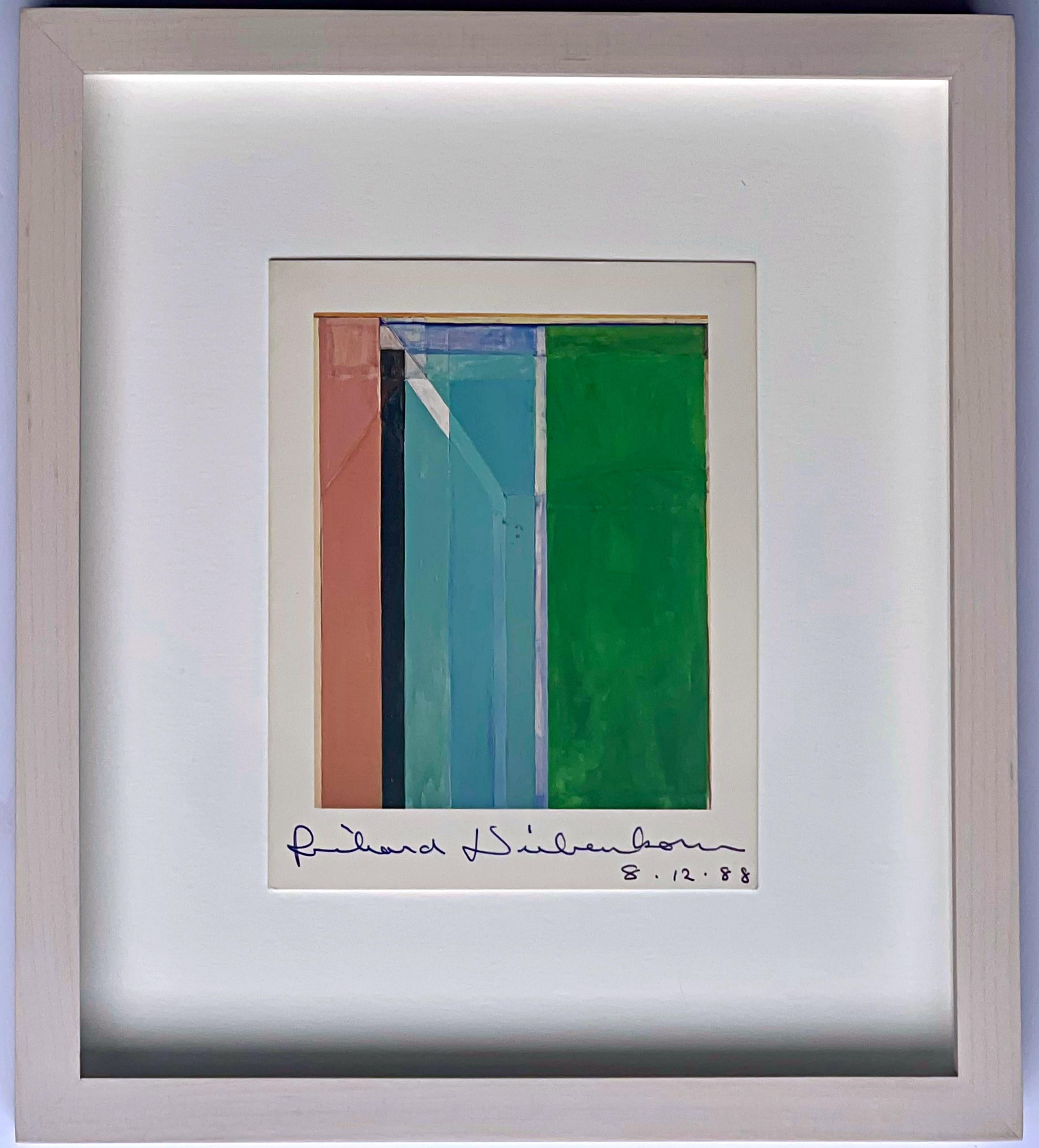 Art Card: Richard Diebenkorn, Ocean Park 30 (Hand Signed by Richard Diebenkorn) from the Estate of UACC President Cordelia Platt 
Offset lithograph card
Hand signed and dated 8.12.88 in black marker by Richard Diebenkorn on the front
The work