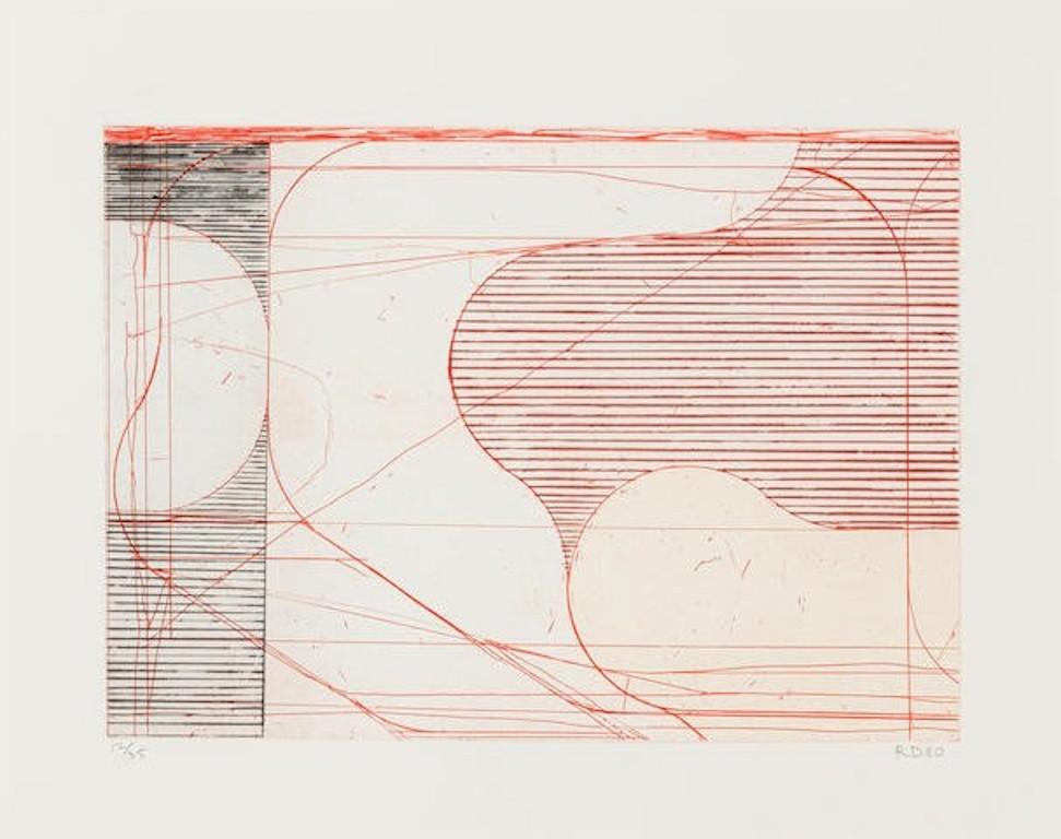 As part of the Eight Color Etchings portfolio, Construct (Drypoint) is an aquatint, etching and drypoint in colors created by Richard Diebenkorn in 1980.  The artwork measures 19 x 26 1/4 in. (48.3 x 66.7 cm), unframed, and is from the edition of
