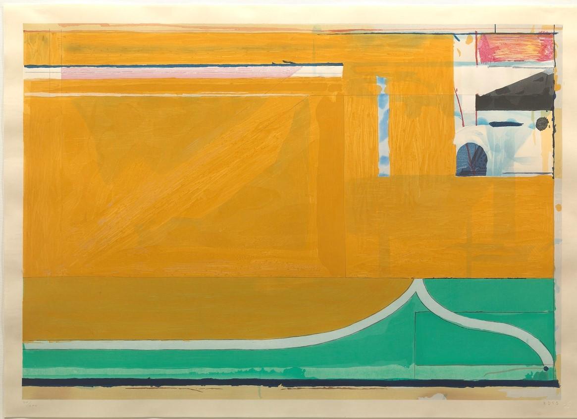 A work of exquisite beauty, this original woodcut, created by Richard Diebenkorn in 1983 measures 27 ½ x 38 1/8 in. (69.9 x 96.8 cm) (sheet), unframed.  Ochre is hand-monogrammed by the artist, dated and numbered in pencil, from the edition of