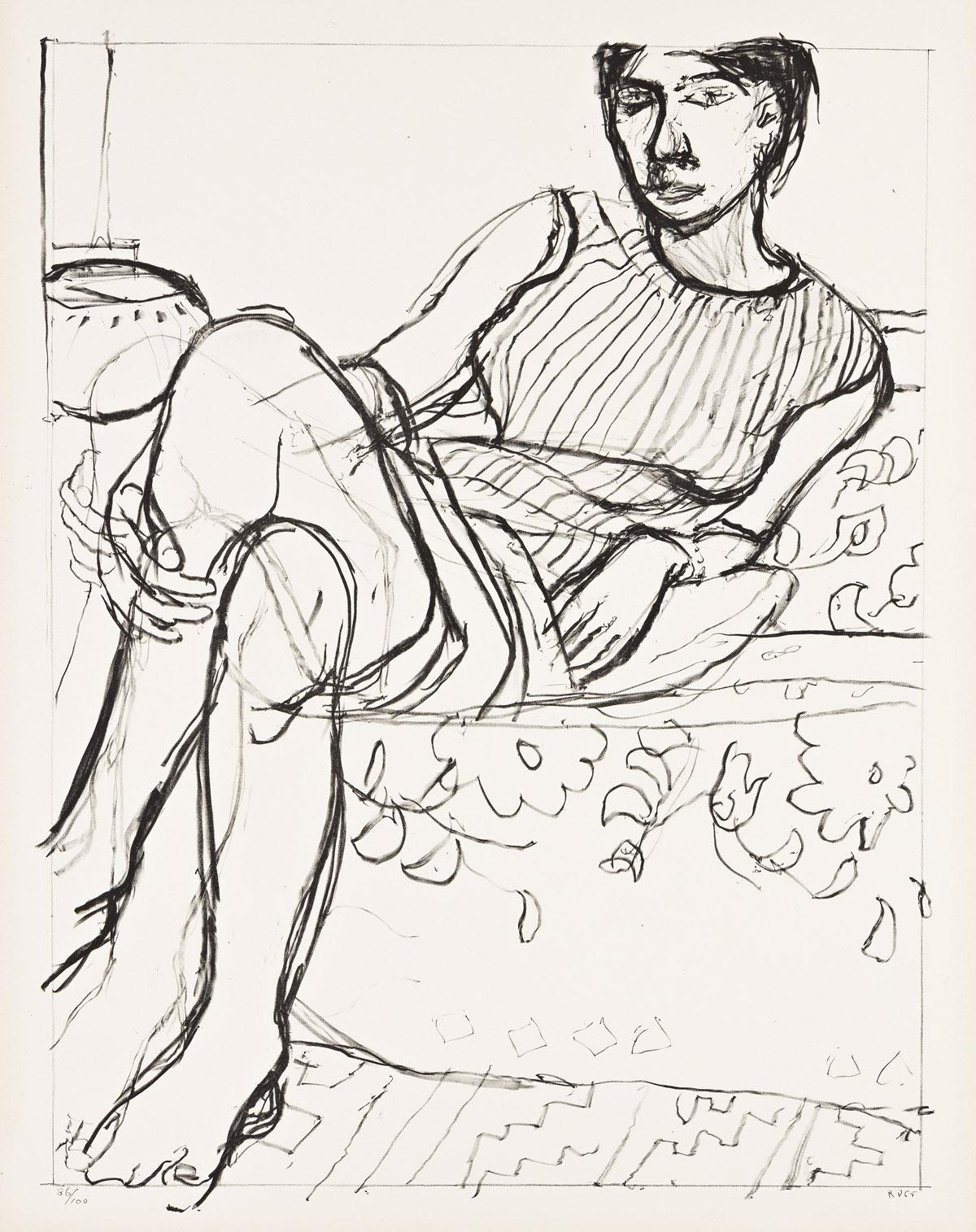 Richard Diebenkorn Figurative Print – Sitzende Frau in gestreiftem Kleid