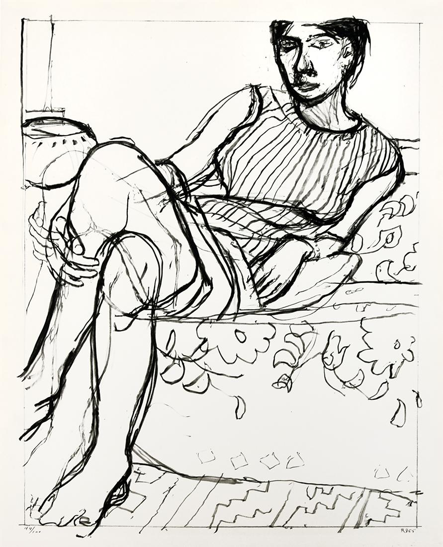 Richard Diebenkorn Figurative Print – Sitzende Frau in gestreiftem Kleid, aus der Serie „Sitzende Frau“