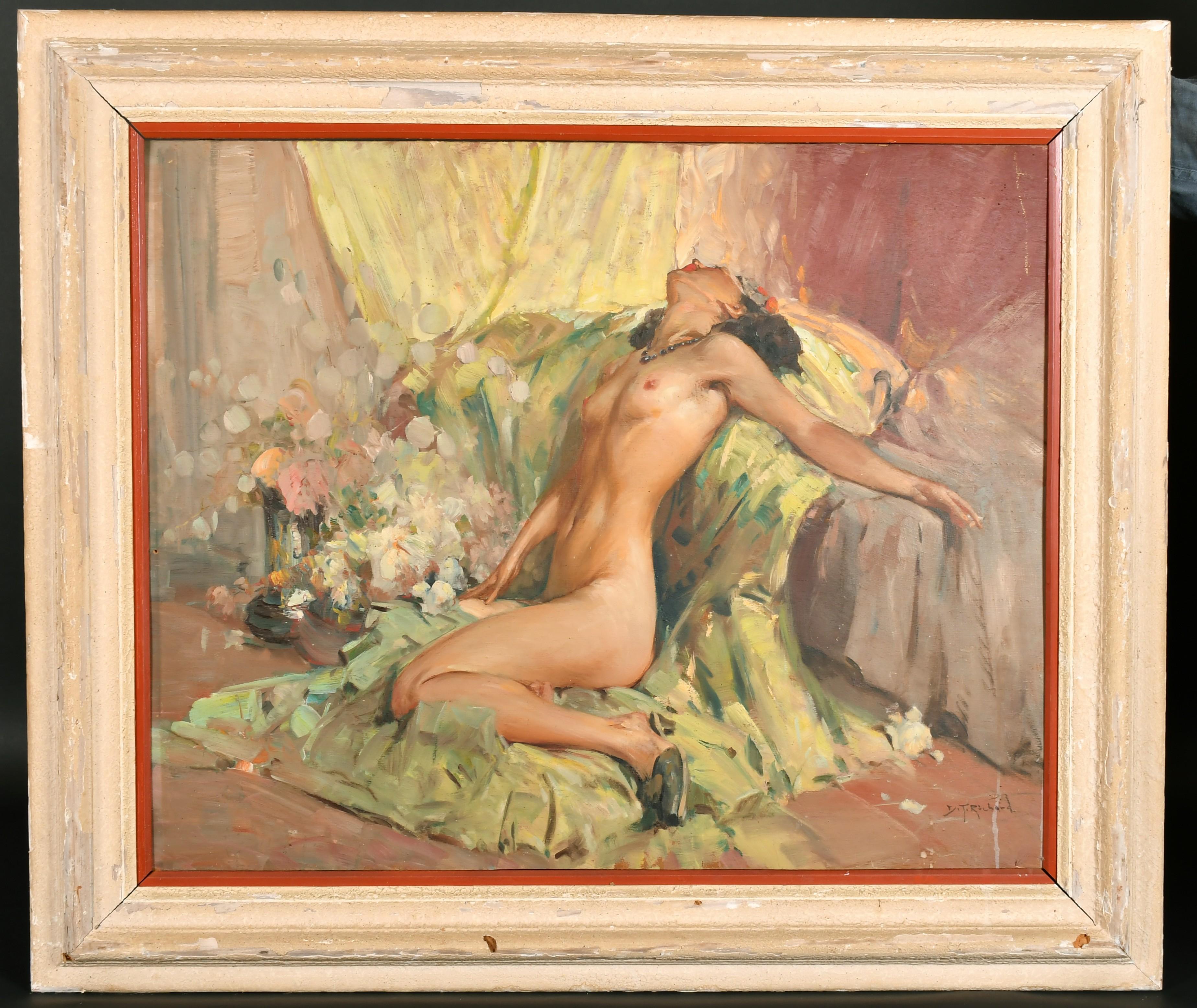 Large Mid Century Signed Oil Reclining Nude Model Sumptuous Interior - Painting by Richard Durand Togo (Argentinian born 1910)