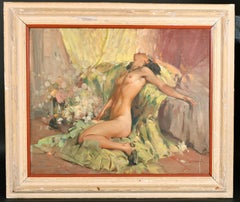 Large Mid Century Signed Oil Reclining Nude Model Sumptuous Interior