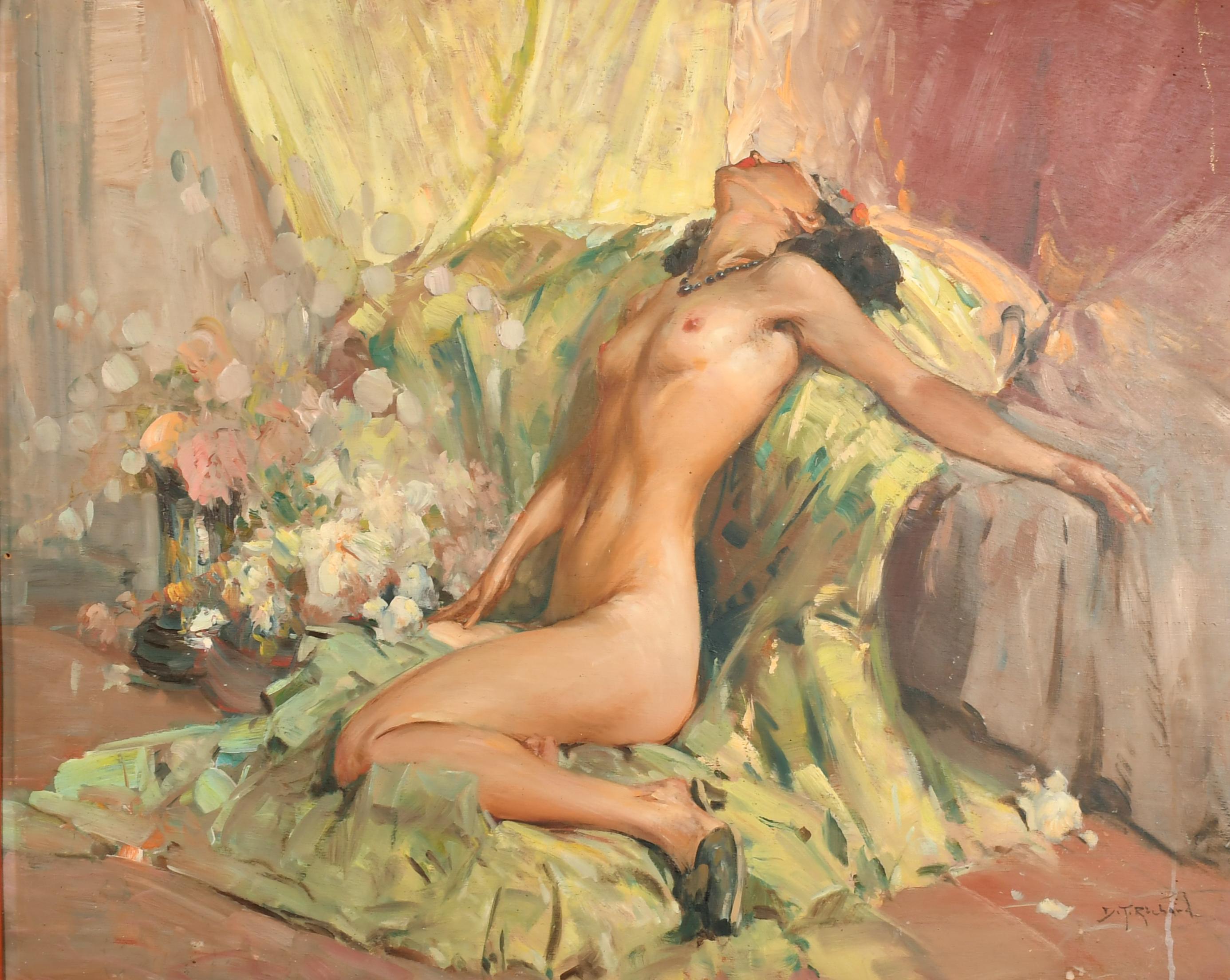 Richard Durand Togo (Argentinian born 1910) Animal Painting - Large Mid Century Signed Oil Reclining Nude Model Sumptuous Interior