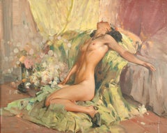 Large Mid Century Signed Oil Reclining Nude Model Sumptuous Interior