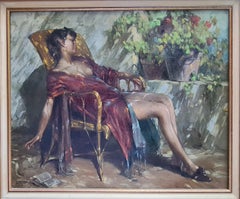 "Vanity Clothed". Portrait à l'huile sur toile du milieu du siècle dernier.