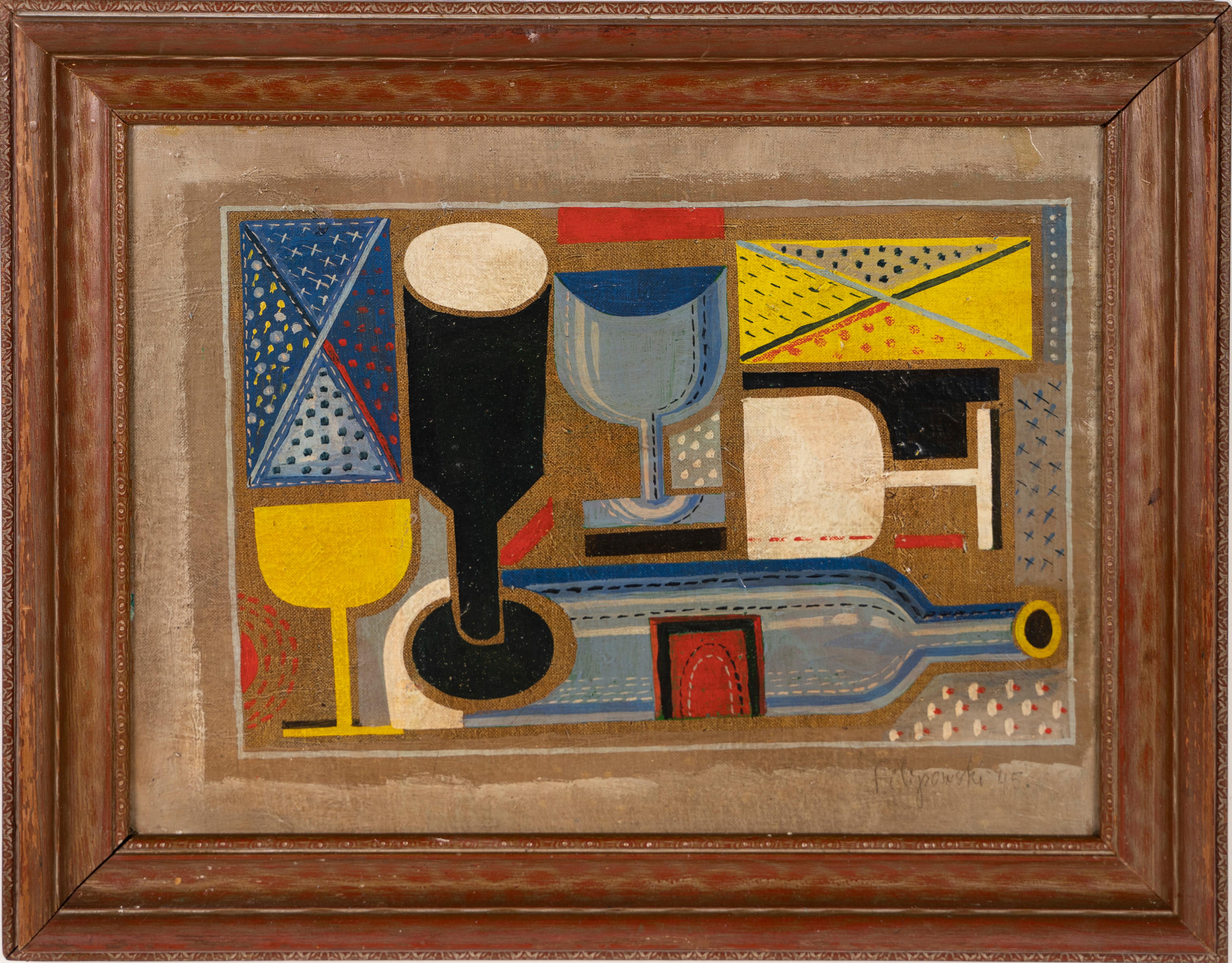 Richard E. Filipowski Still-Life Painting - Antique American Modernist Abstract Still Life Wine Bottle Cubist Oil Painting