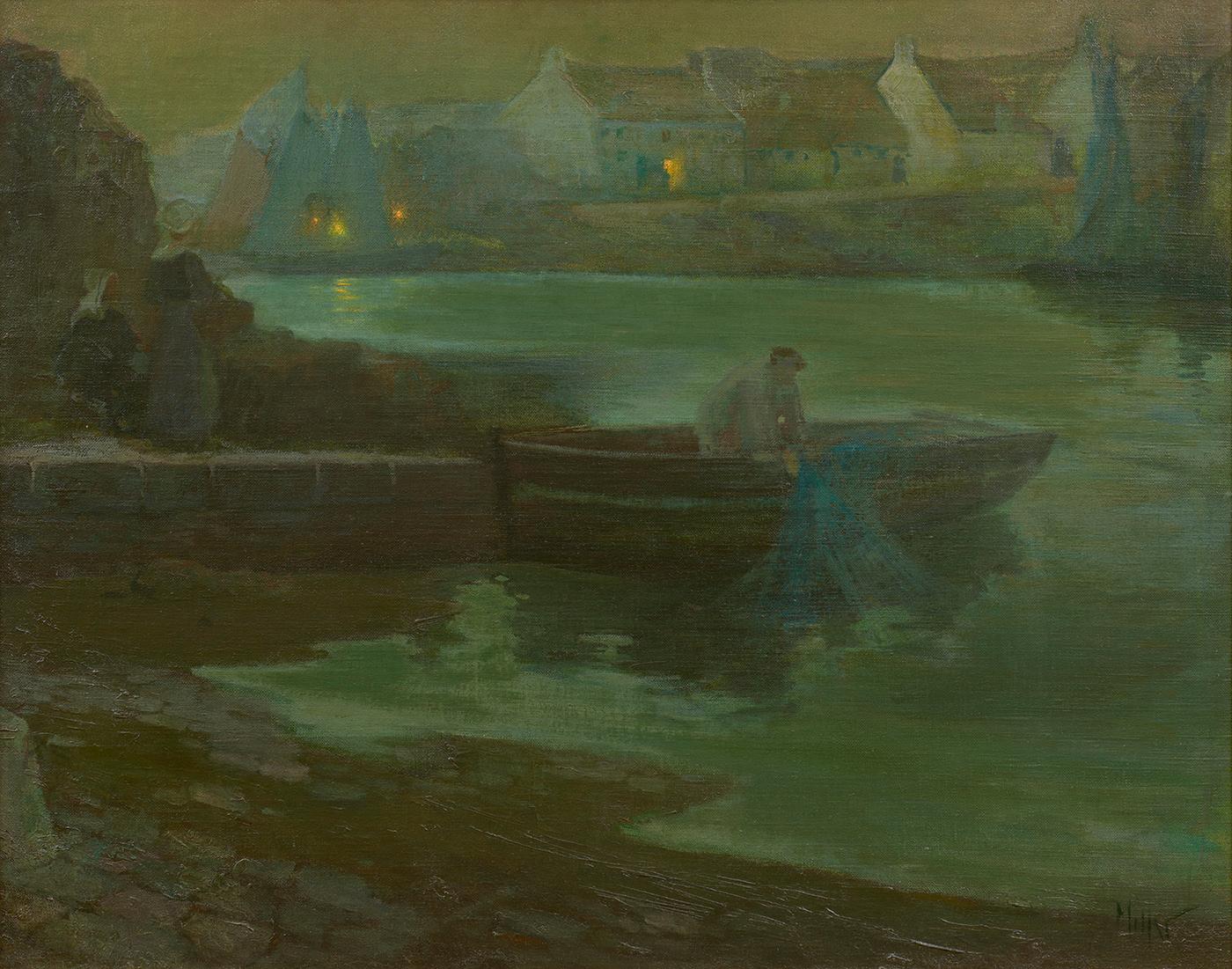 Richard E. Miller Landscape Painting – Fischen im Fluss