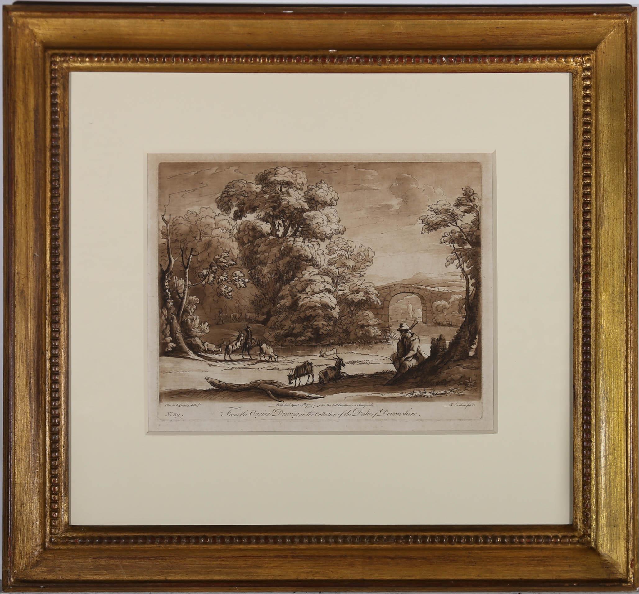 A fine 1774 etching with mezzotint in sepia tones by Richard Earlom (1743-1822) after Claude Lorrain (1600-1682) from the etched version of the Liber Veritatis published 1774-1777. It depicts a bucolic landscape with a traveller and a herd of goats,