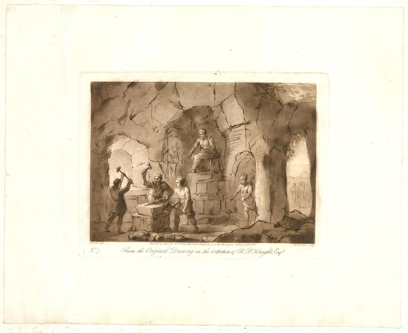 Ein schönes Exemplar der 1802 geschlagenen Landschaft Nr. 7 aus der geätzten Version des Liber Vertatis. Skulptur von Richard Earlom (1743-1822) nach der Vorlage aus dem Buch von Claude Lorrain (16041605-1682). Die Radierung weist Bereiche mit
