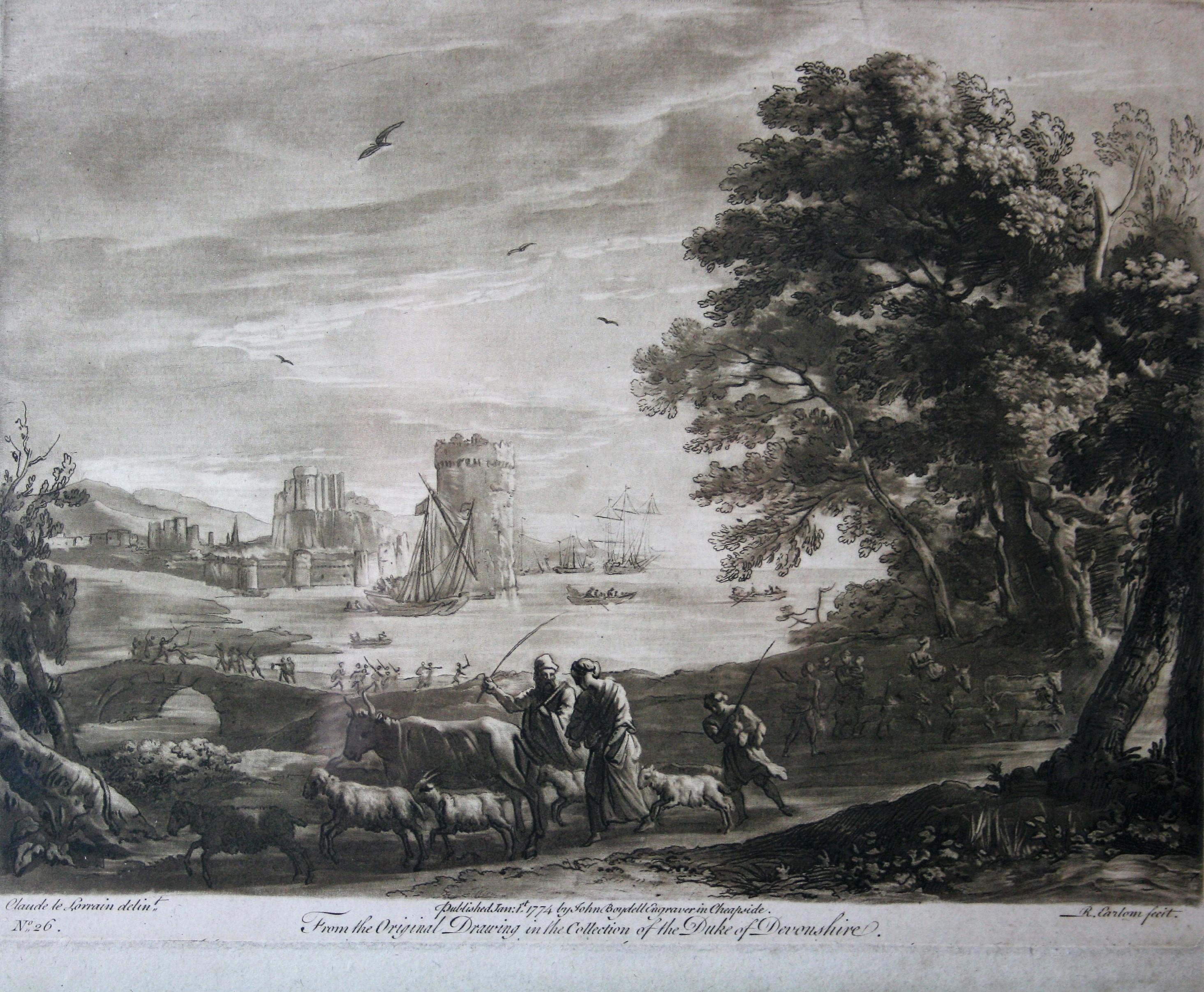 Richard Earlom (1743-1822), etching and roulette, mezzotint, 1774, after a drawing by Claude Lorrain (Claude Gelee), number 26 from the Original Collection of the Duke of Devonshire, 1774, published by John Boydell. With the lettering in the plate