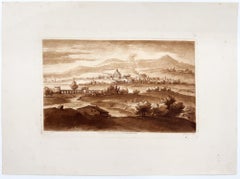 Vista antigua de Roma con un acueducto que atraviesa el Tíber