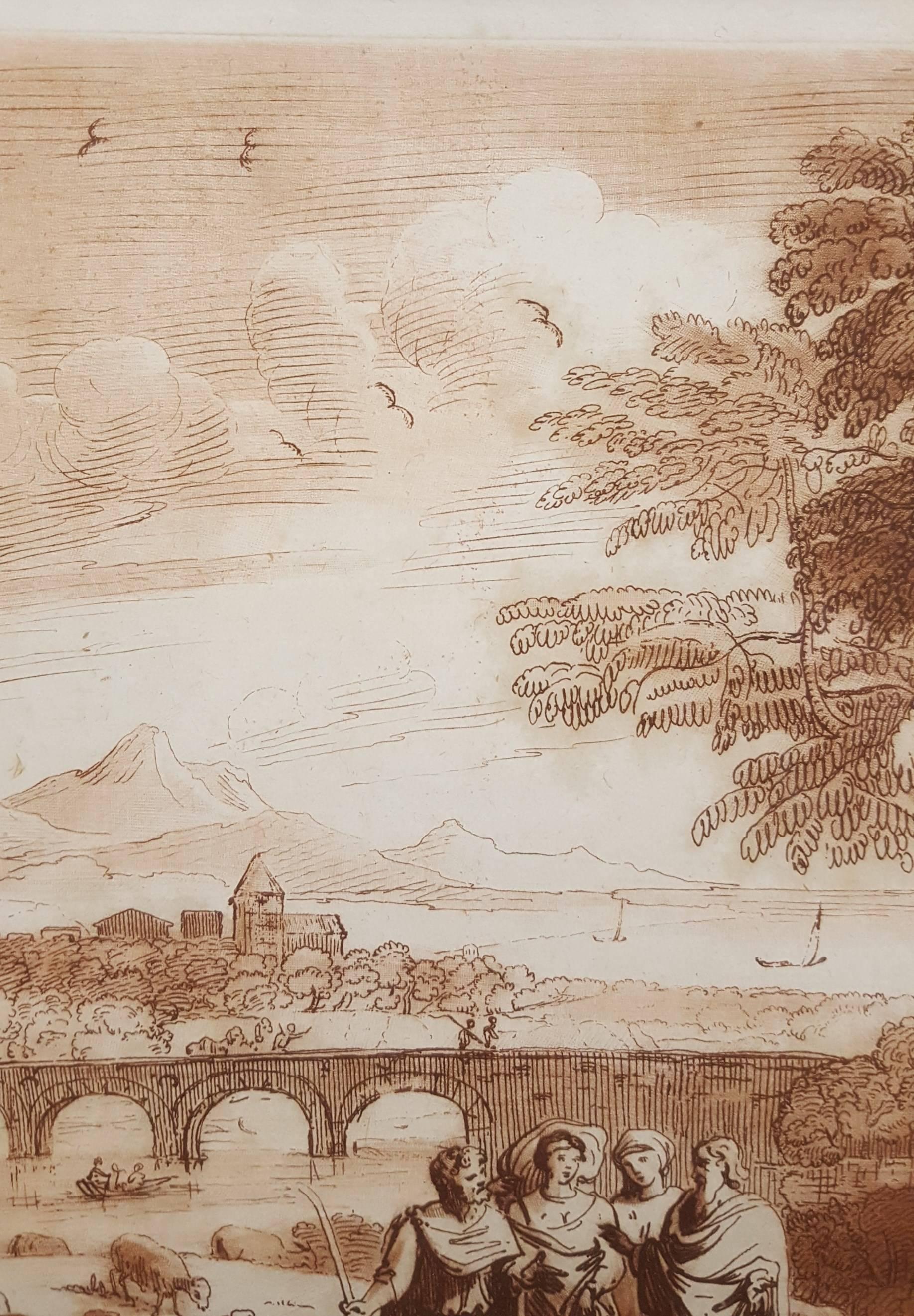 An original engraving with mezzotint after French artist Claude Lorrain's drawing (1604-1682) by English artist Richard Earlom (1743-1822). From Richard Earlom's 