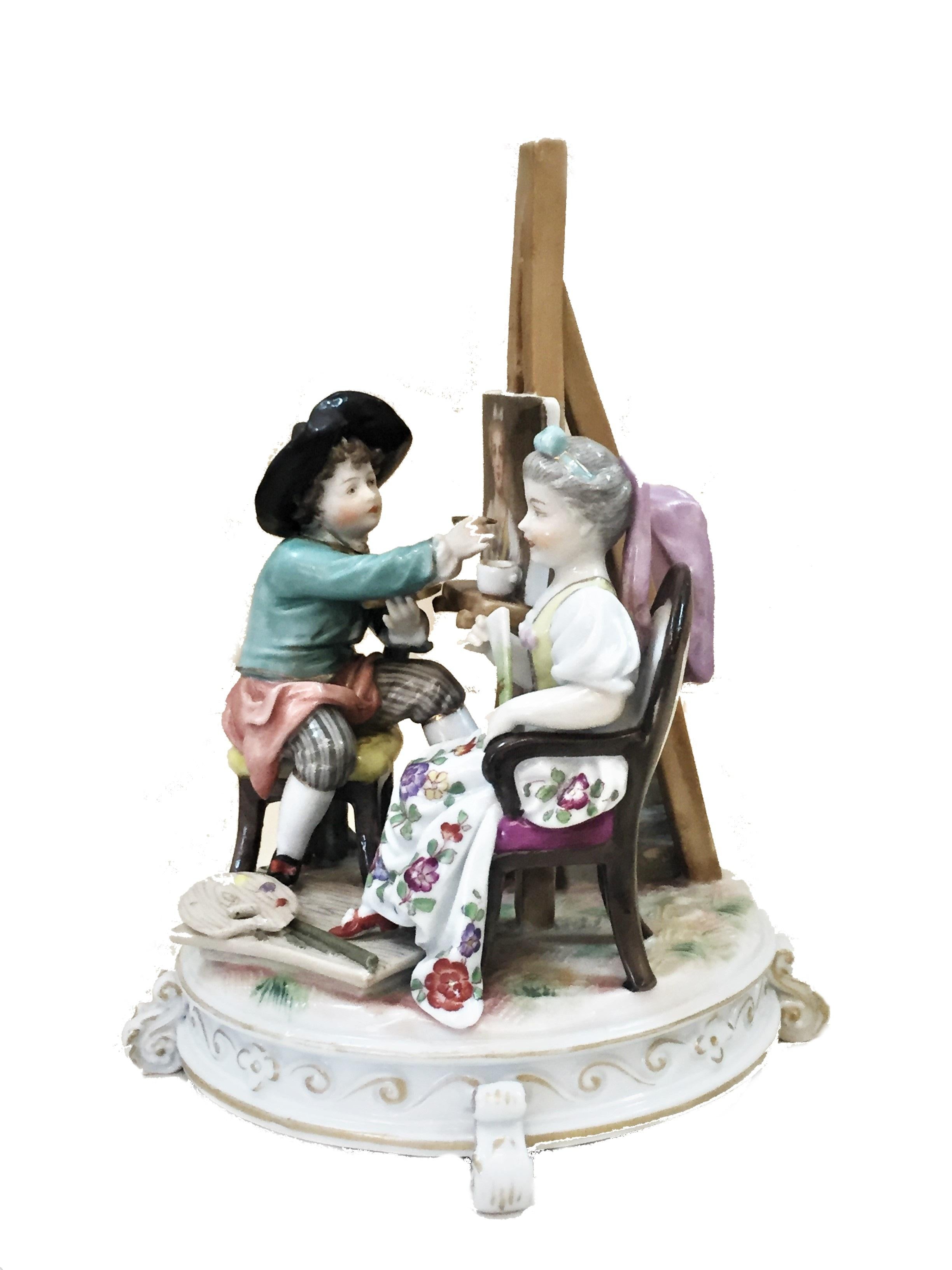 This porcelain group produced by Richard Eckert & Co., unique in its rare and non-banal composition, depicts an unusual genre scene - the artist paints a portrait of a model sitting in front of him. The detailed furnishings of the artist’s workshop