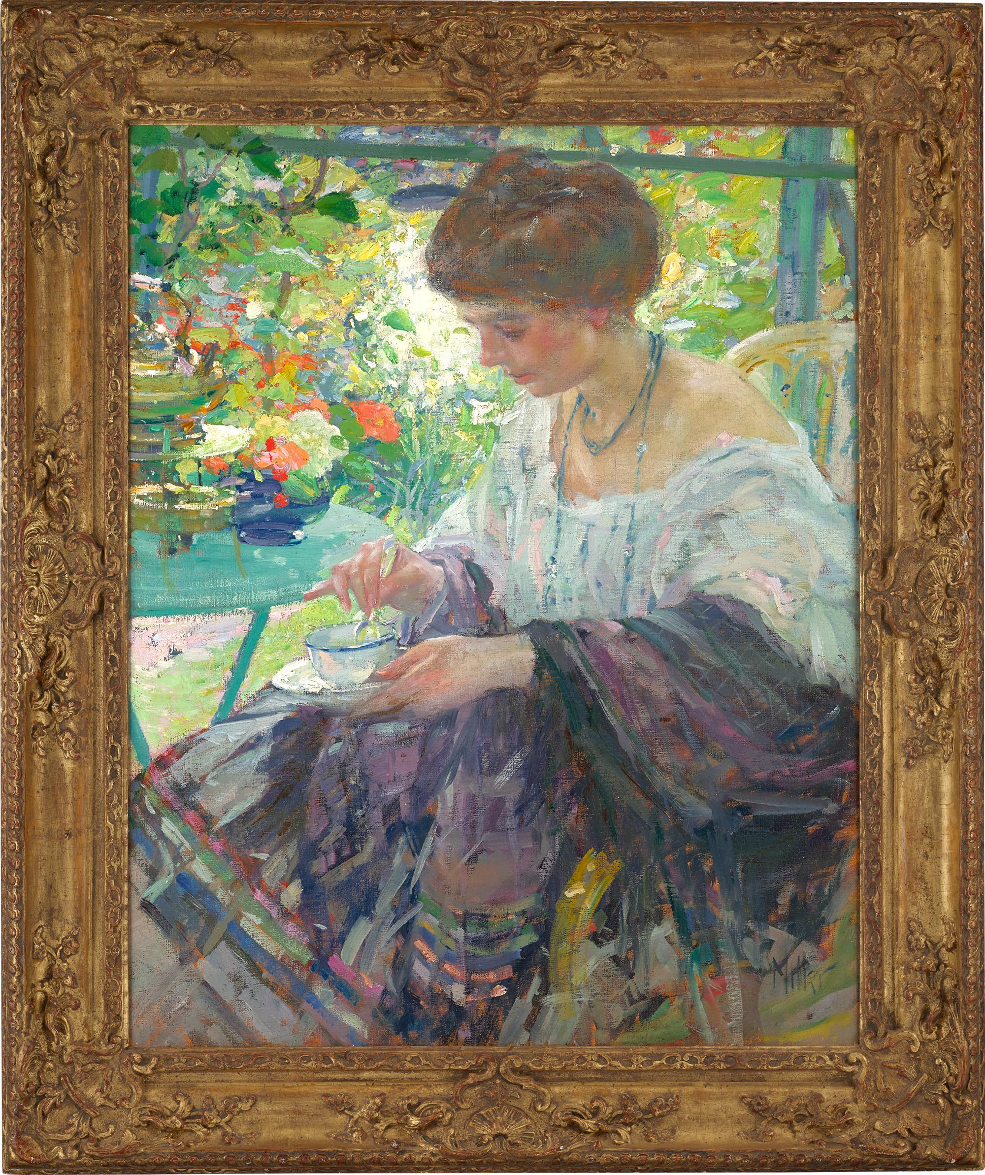 Jeune femme à l'intérieur par Richard E. Miller - Painting de Richard Edward Miller