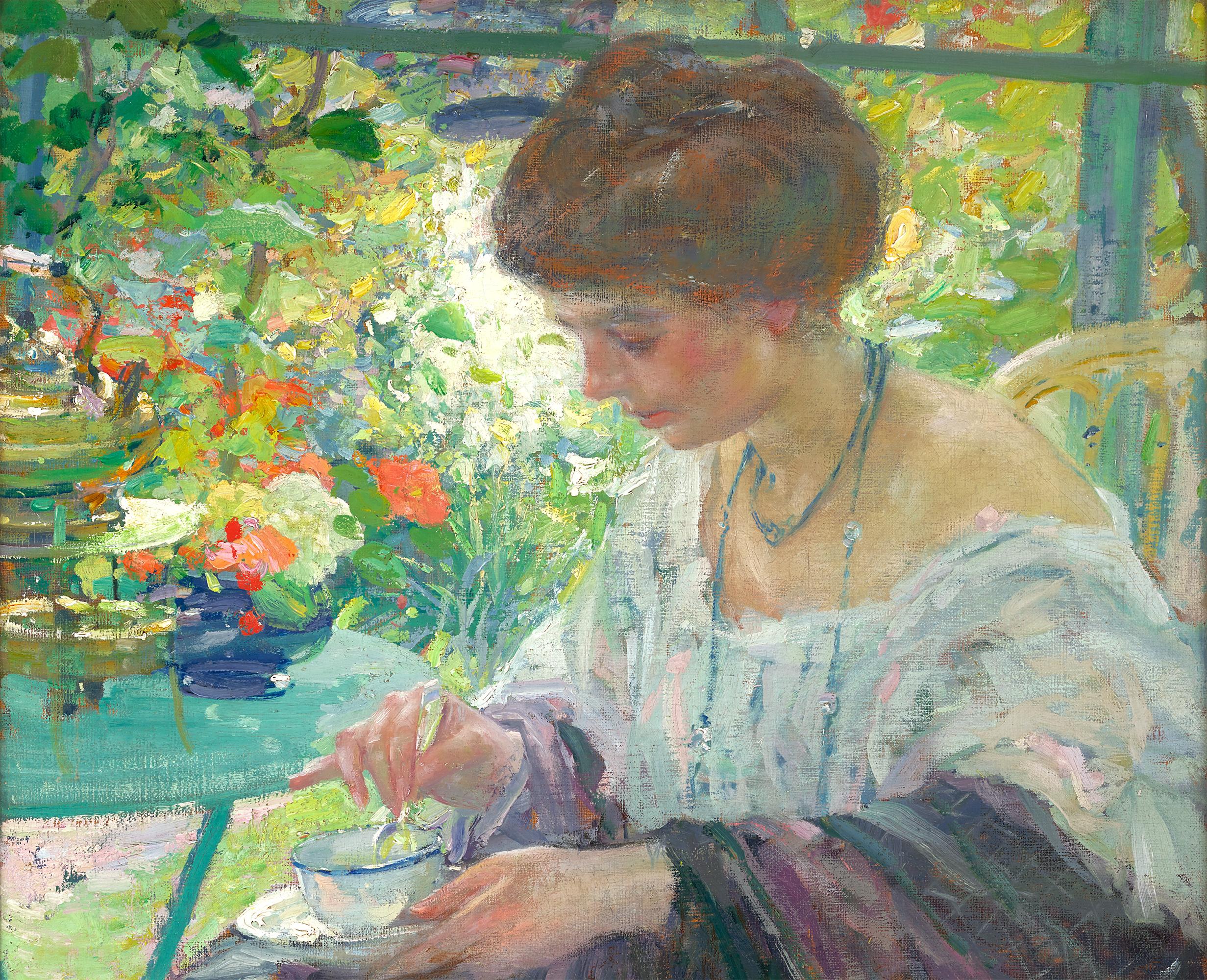Jeune femme à l'intérieur par Richard E. Miller - Impressionnisme Painting par Richard Edward Miller