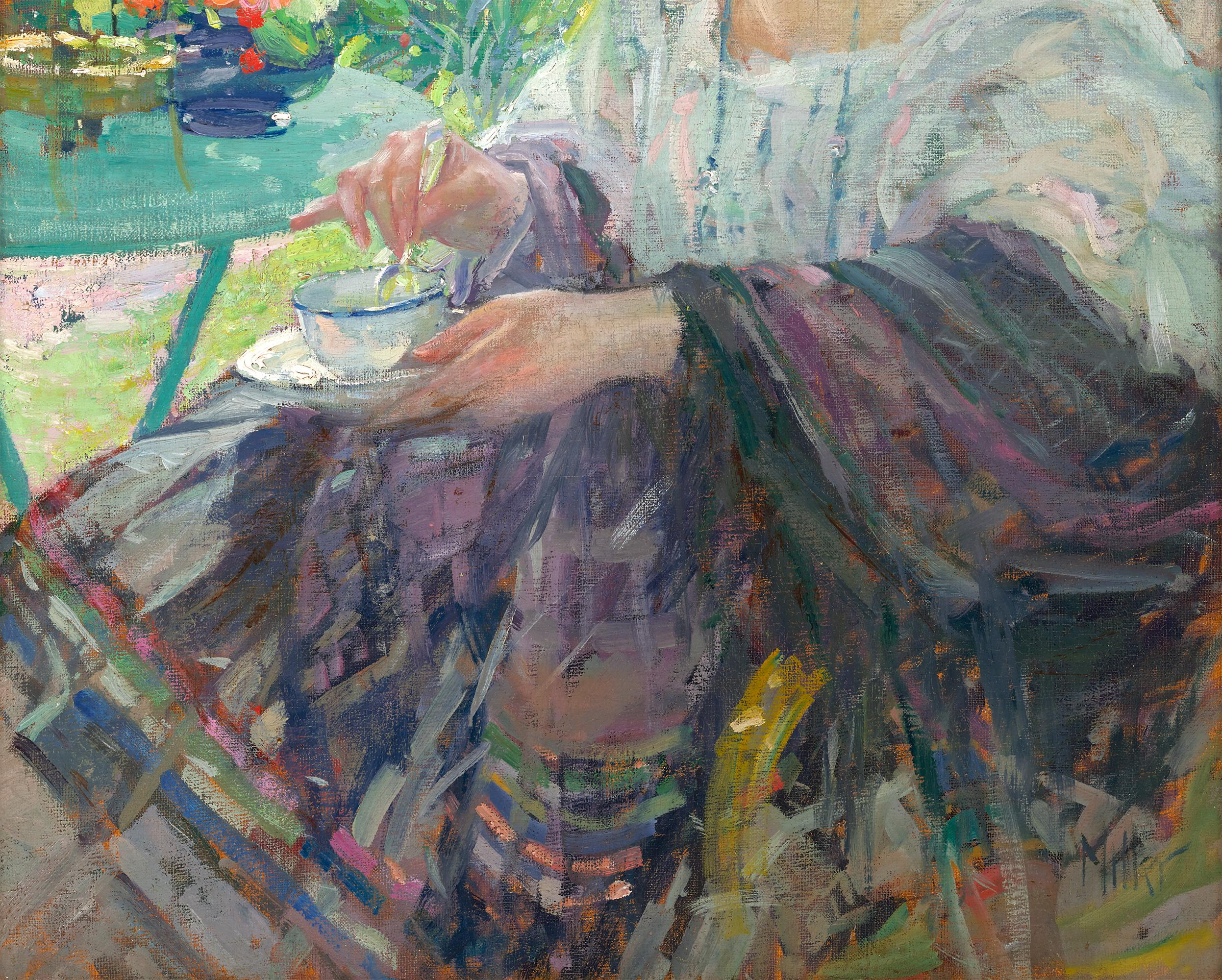 Jeune femme à l'intérieur par Richard E. Miller - Gris Figurative Painting par Richard Edward Miller