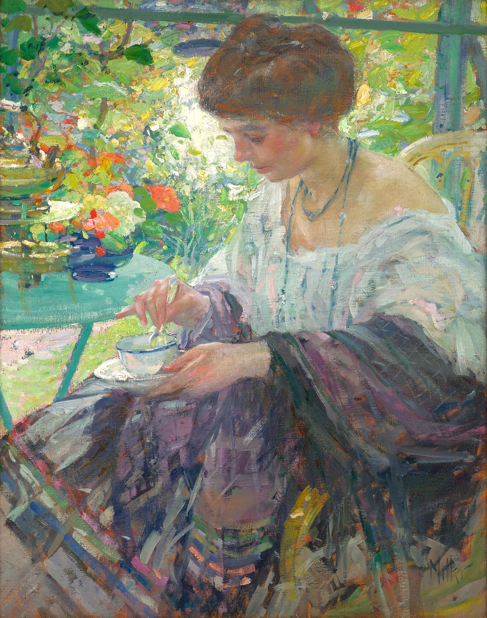 Figurative Painting Richard Edward Miller - Jeune femme à l'intérieur par Richard E. Miller