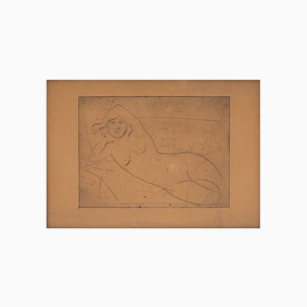 Richard Engelmann, 1868-1966
Radierung: Liegende Frau, sichtbare Blattgröße 20 x 28 cm.
Mit einem Monogramm signiert und in einem handgemalten grauen Montparnasse-Rahmen präsentiert.
Deutschland, um 1920.

Über den Künstler
Richard Engelmann