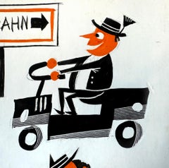 BMW Isetta, Messerschmitt  Cars Autobahn - Humorous Mid-Century Illustration