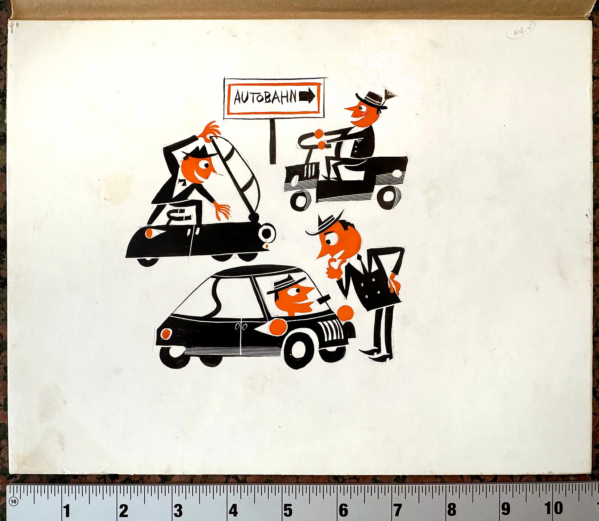 Automobili, auto pazze Autobahn - Illustrazione di metà secolo in vendita 2
