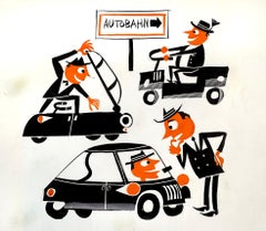 BMW Isetta, Messerschmitt  Cars Autobahn - Humorous Mid-Century Illustration