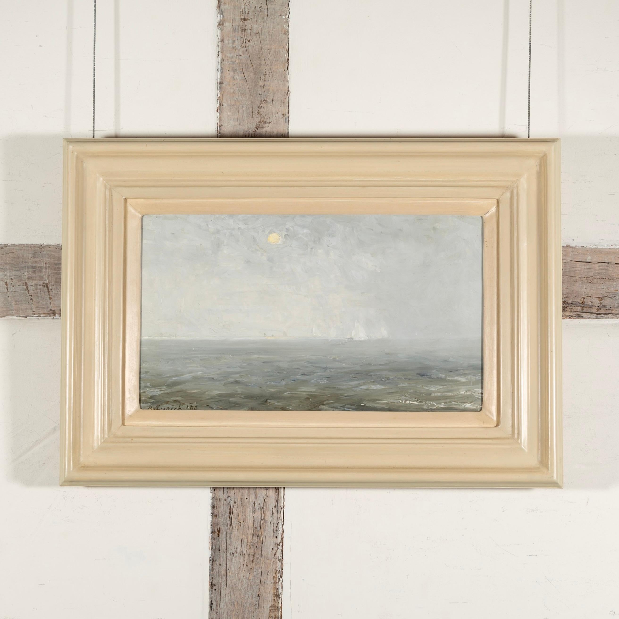 Sole e pioggia, 1980 - Pittura ad olio del XX secolo con paesaggio marino in bianco e grigio chiaro - Painting di Richard Eurich