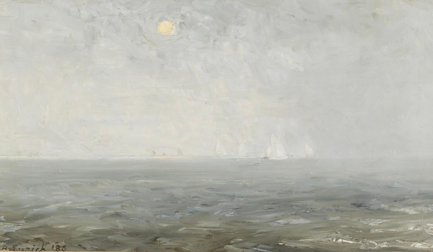 Figurative Painting di Richard Eurich - Sole e pioggia, 1980 - Pittura ad olio del XX secolo con paesaggio marino in bianco e grigio chiaro